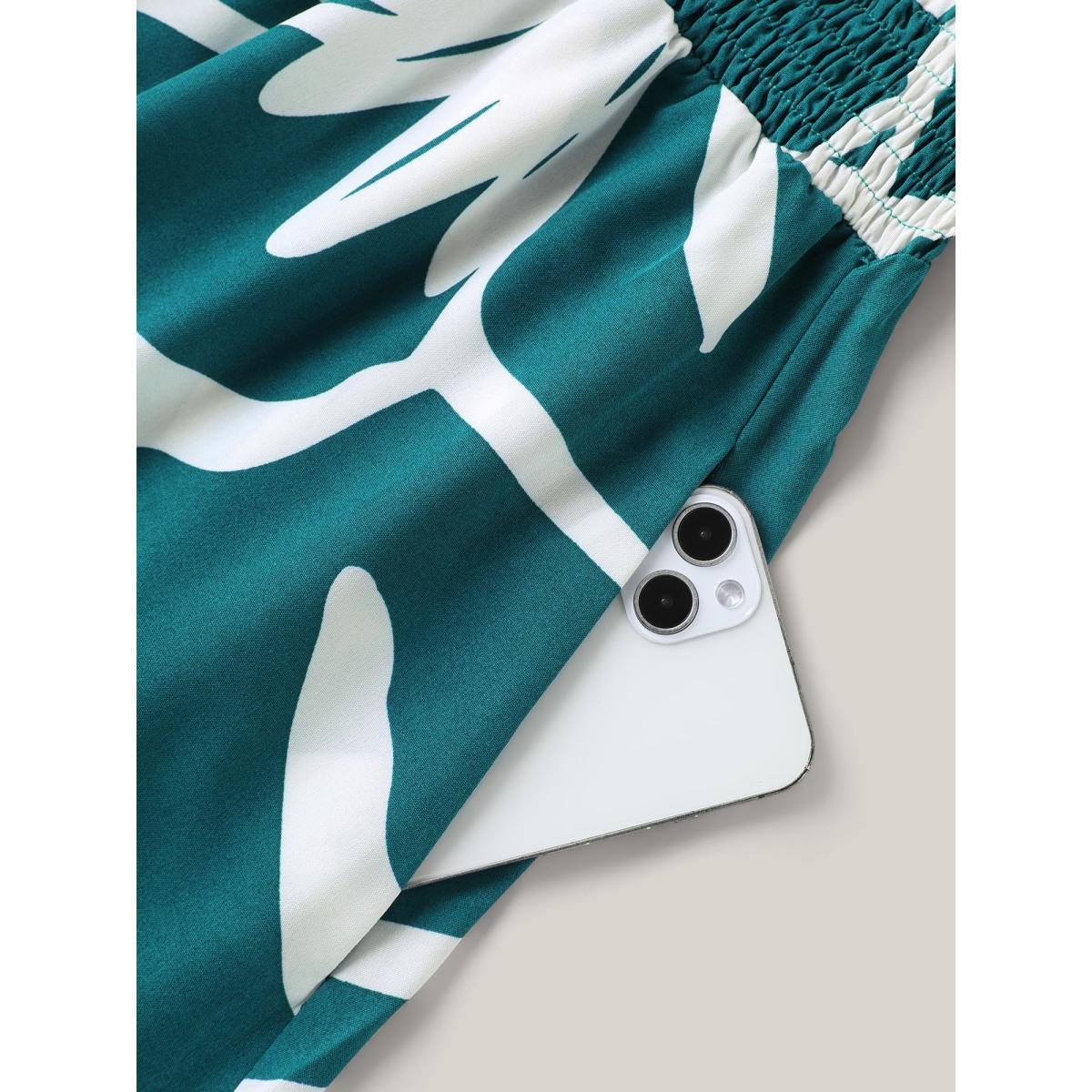 Plus Size Large Flower Print Shirred Waist Midi Dress Teal Women V-neck Short sleeve Curvy BloomChic 26/4X Product Image