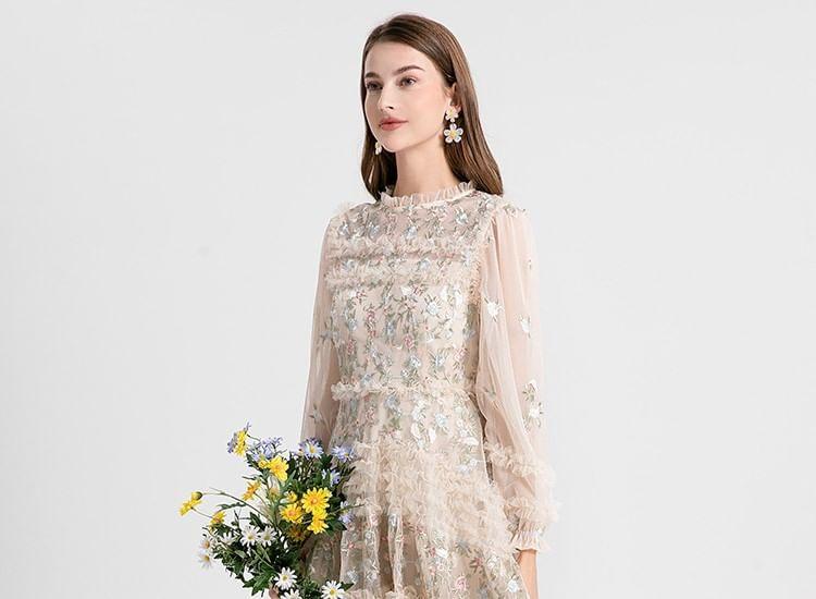 Long Sleeve Round Neck Floral Embroidered Frill Mesh Maxi A-Line Dress Product Image