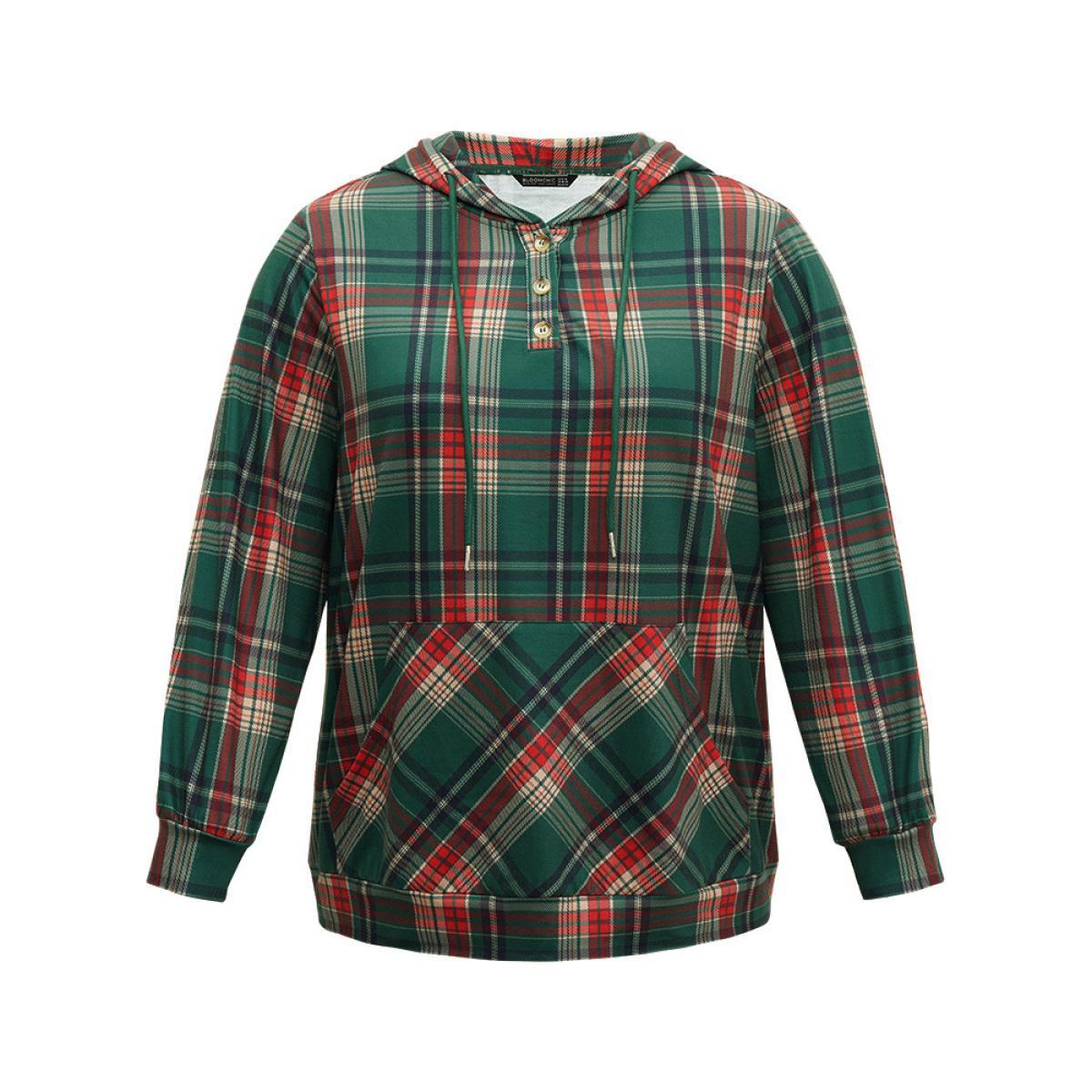 Plus Size Contrast Plaid Button Up Kangaroo Pocket Sweatshirt Women DarkGreen Casual Button Hooded Dailywear Sweatshirts BloomChic 22-24/3X Product Image