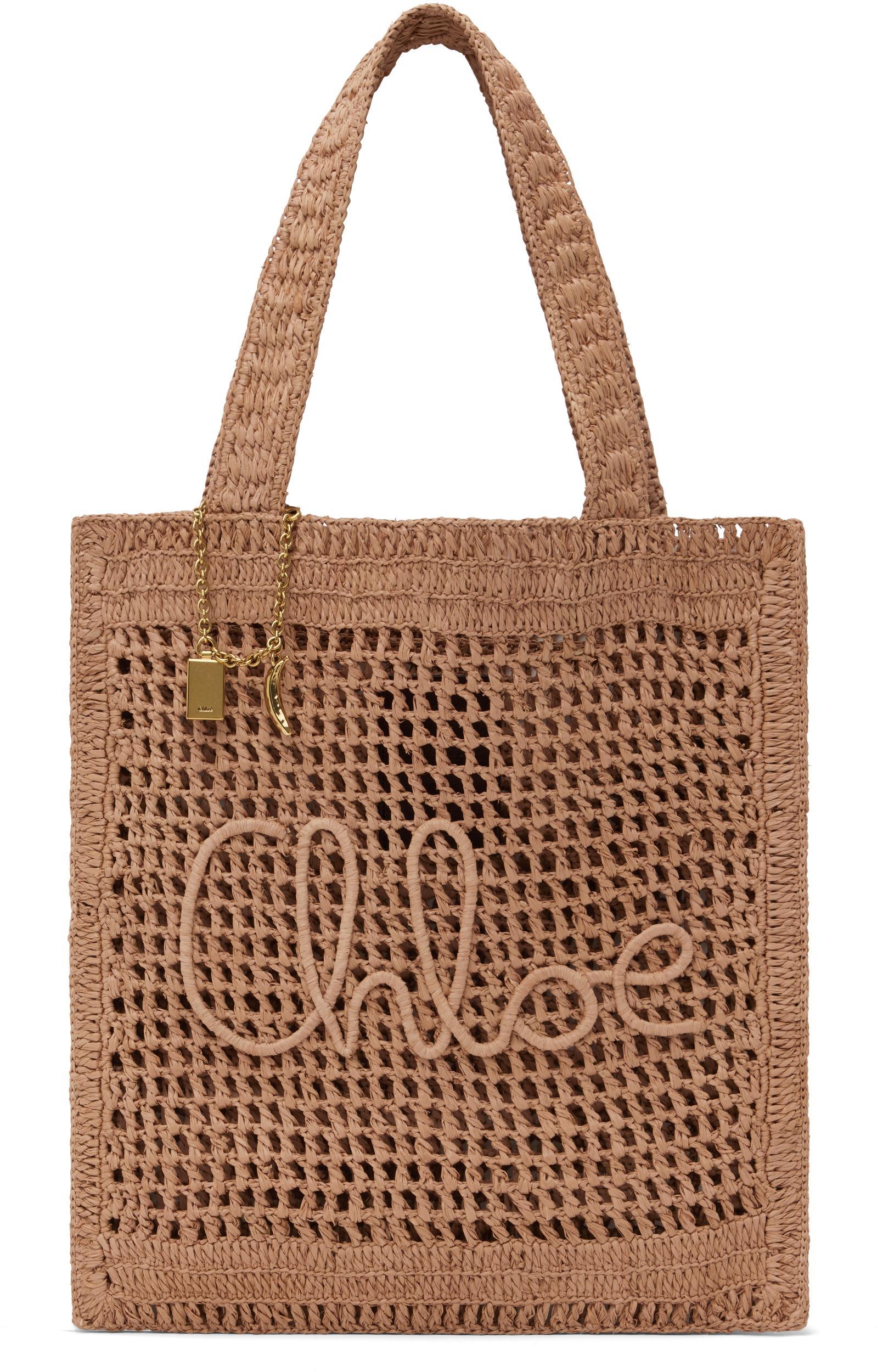 CHLOÉ Summer Banana Embellished Crocheted Embroidered Faux Raffia Tote In Beige Product Image