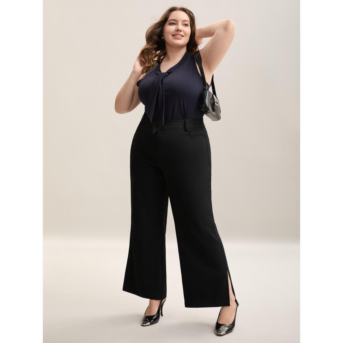 Plus Size Side Slit Plain Bootcut Pants Women Black Workwear Essentials Bodycon Mid Rise Work Pants BloomChic 30/6X Product Image