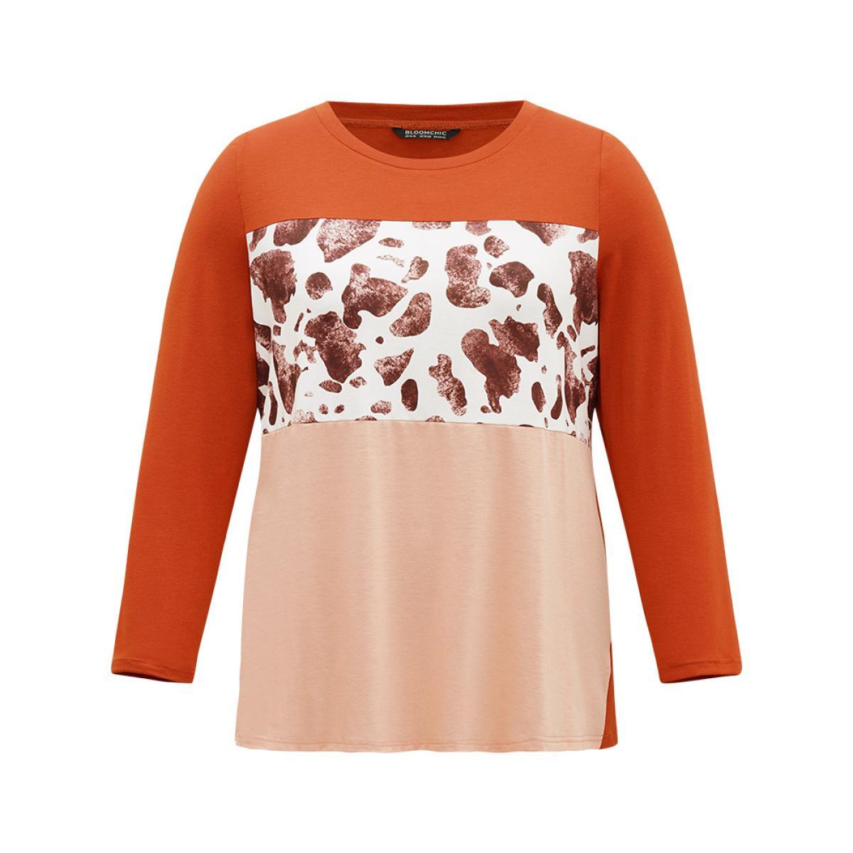 Plus Size Halloween Cow Pattern Contrast Patchwork T-shirt Chocolate Women Casual Patchwork Colorblock Round Neck Dailywear T-shirts BloomChic 26/4X Product Image