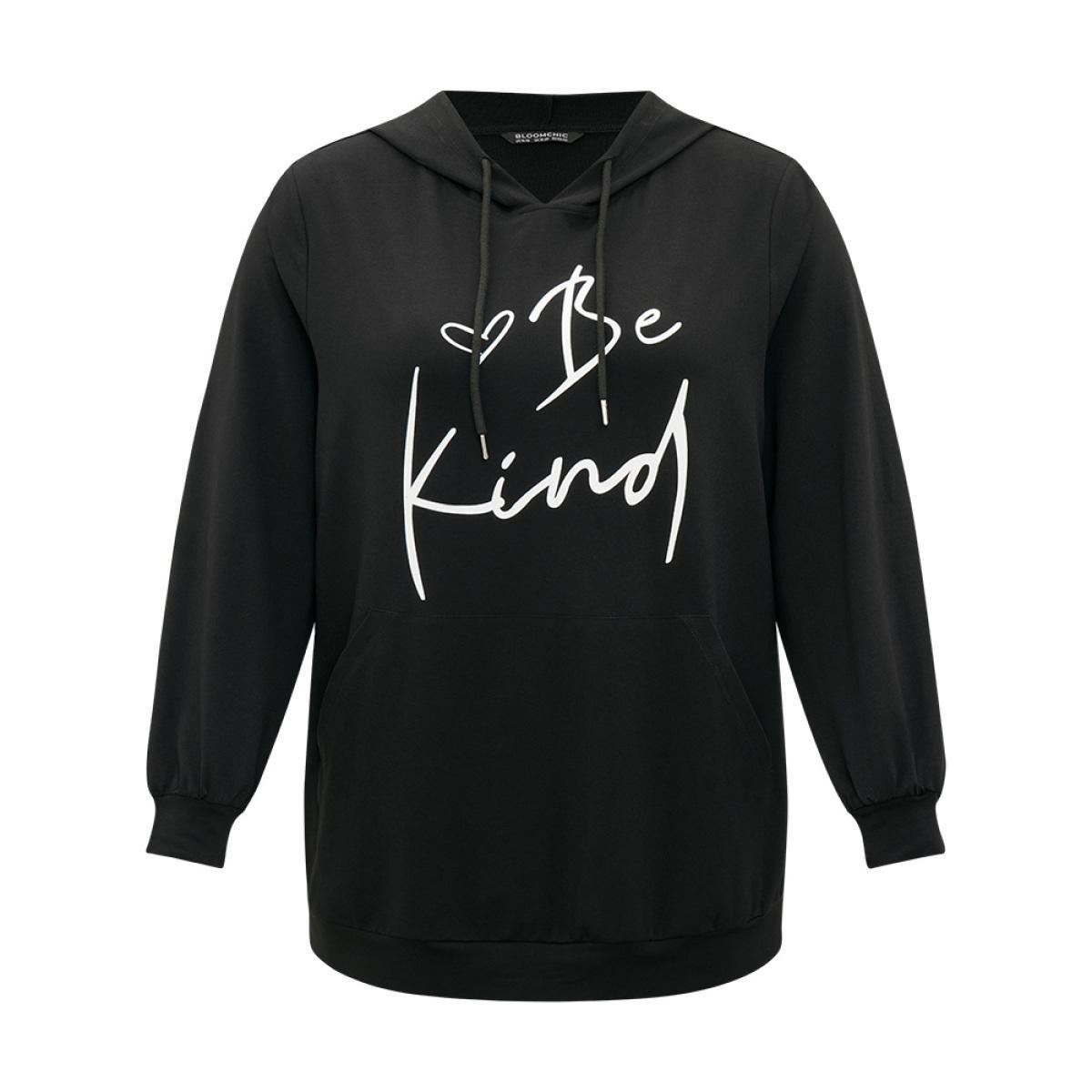 Plus Size Letter Print Pocket Drawstring Hooded Sweatshirt Women Black Casual Elastic cuffs Dailywear Sweatshirts BloomChic 30/6X Product Image