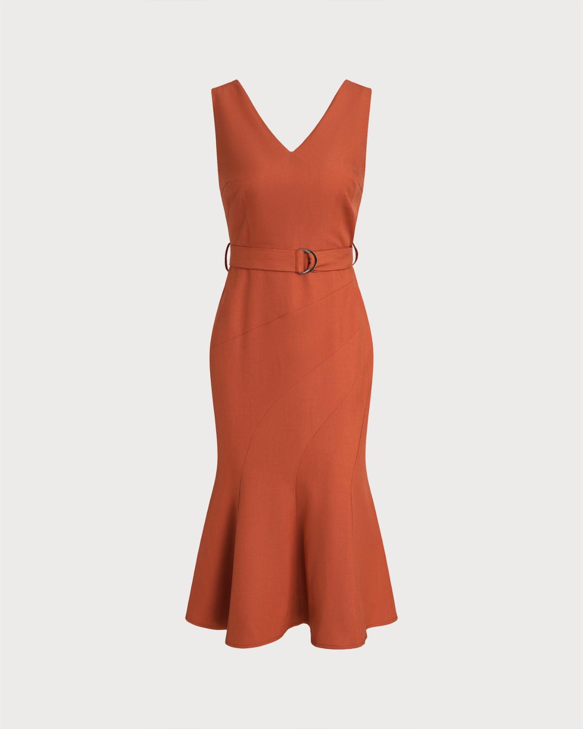 Red V Neck Mermaid Sleeveless Midi Dress Product Image