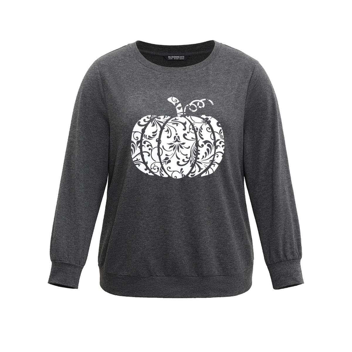 Plus Size Pumpkin Print Crew Neck Knit Sweatshirt Women DimGray Casual Printed Dailywear Sweatshirts BloomChic 12/L Product Image