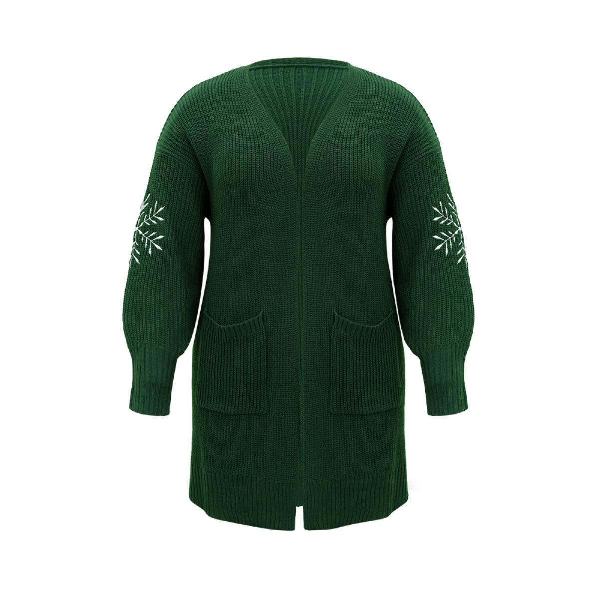 Plus Size Snowflake Embroidered Patched Pocket Cardigan DarkGreen Women Casual Loose Long Sleeve Festival-Christmas Cardigans BloomChic 10/M Product Image