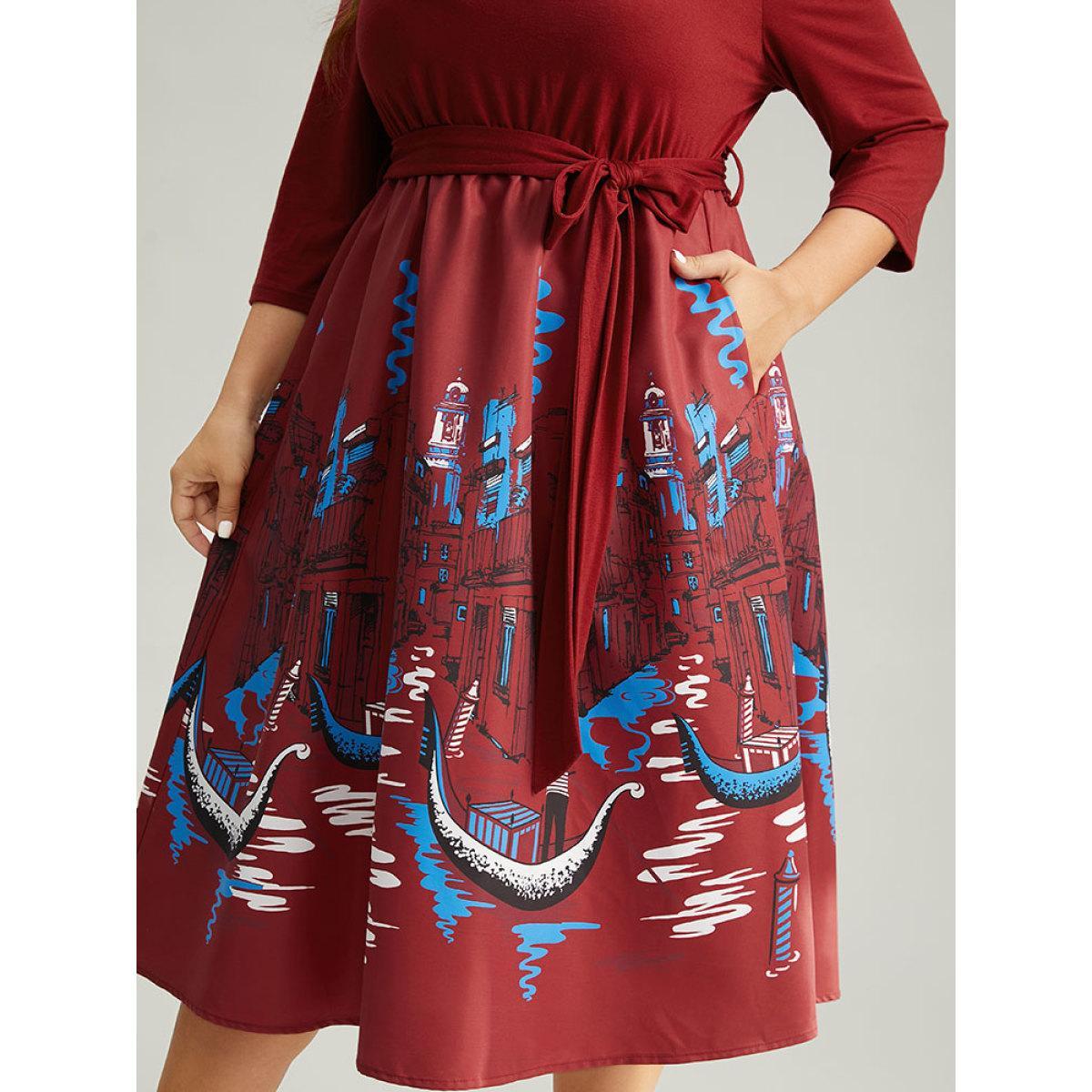Plus Size Boho Print Patchwork Belted Gathered Dress Scarlet Women Office Printed Round Neck Elbow-length sleeve Curvy Midi Dress BloomChic 30/6X Product Image