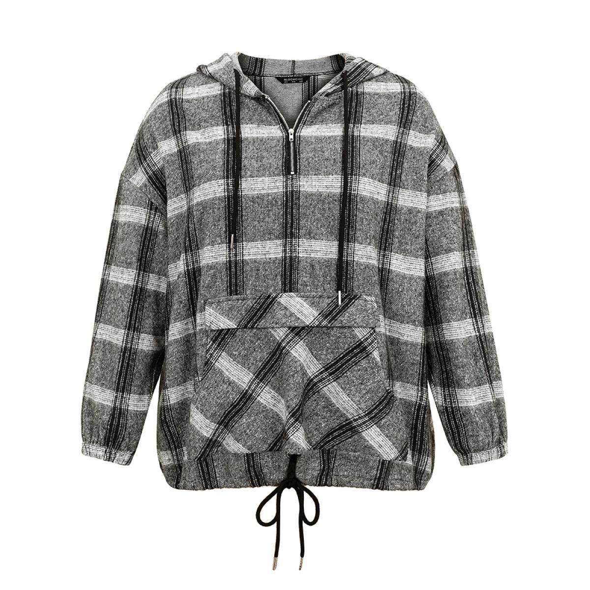 Plus Size Plaid Half Zip Pocket Hooded Sweatshirt Women DimGray Casual Elastic cuffs Hooded Everyday Sweatshirts BloomChic 28/5X Product Image