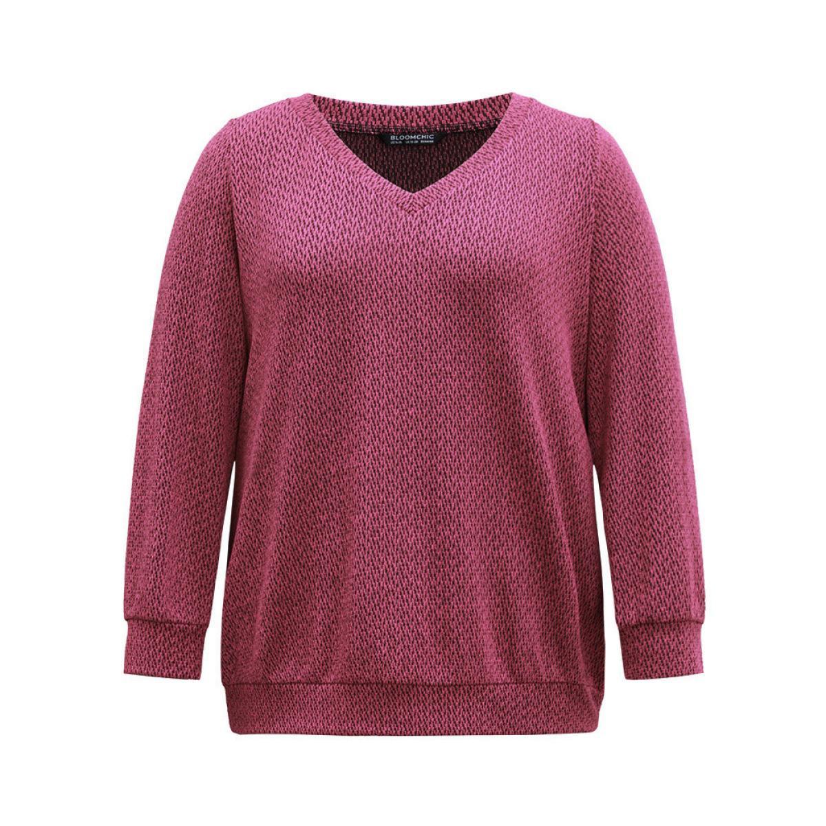 Plus Size Solid Plisse Elastic Cuffs V Neck Sweatshirt Women RedViolet Casual Texture V-neck Dailywear Sweatshirts BloomChic 26/4X Product Image