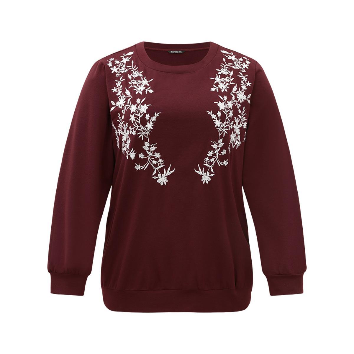 Plus Size Silhouette Floral Print Embroidered Crew Neck Sweatshirt Women Burgundy Casual Elastic cuffs Round Neck Dailywear Sweatshirts BloomChic 18-20/2X Product Image