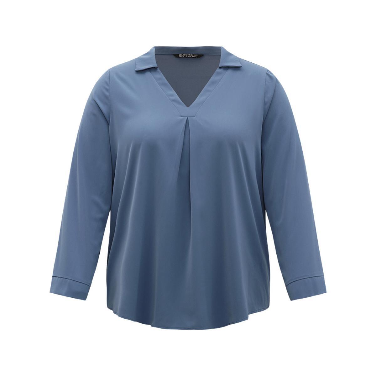 Plus Size Stone Anti-Wrinkle Plain V Neck Plicated Detail Blouse Women Office Long Sleeve V-neck Work Blouses BloomChic 10/M Product Image