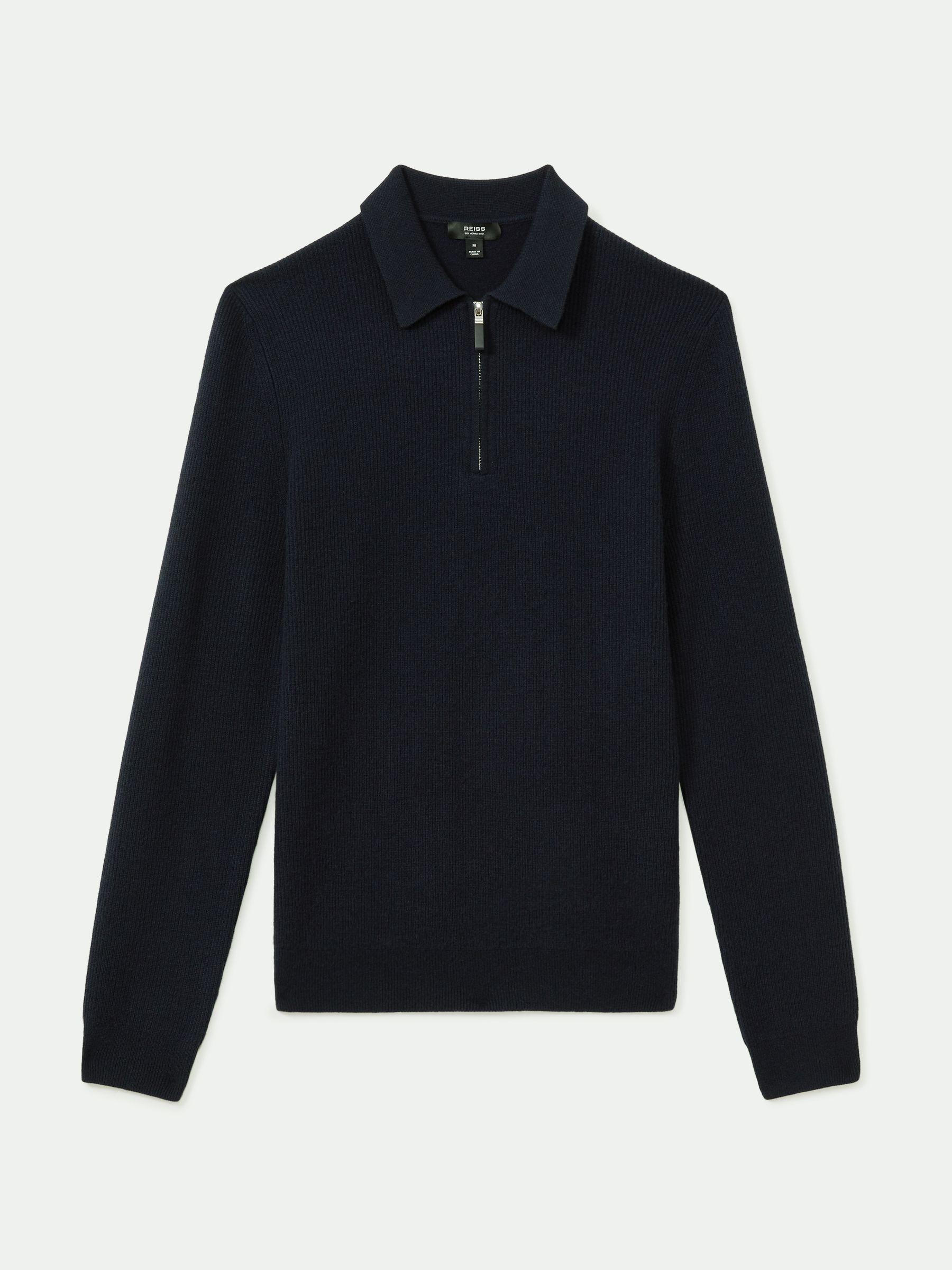 Wool Half-Zip Polo Shirt in Navy Blue Product Image
