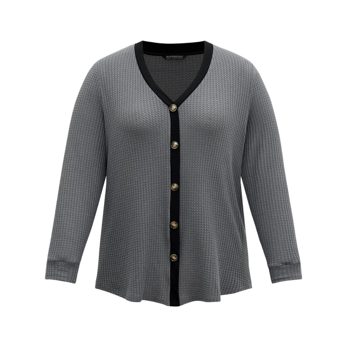 Plus Size Waffle Knit Button Detail Contrast Trim T-shirt Gray Women Casual Waffle Knit Plain Open Front Dailywear T-shirts BloomChic 12/L Product Image