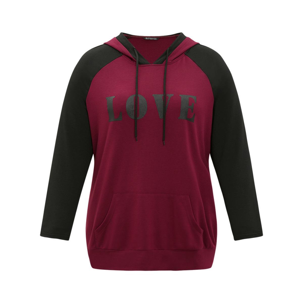 Plus Size Letter Print Contrast Hooded Pocket Drawstring Sweatshirt Women ArmyGreen Casual Elastic cuffs Dailywear Sweatshirts BloomChic 14-16/1X Product Image