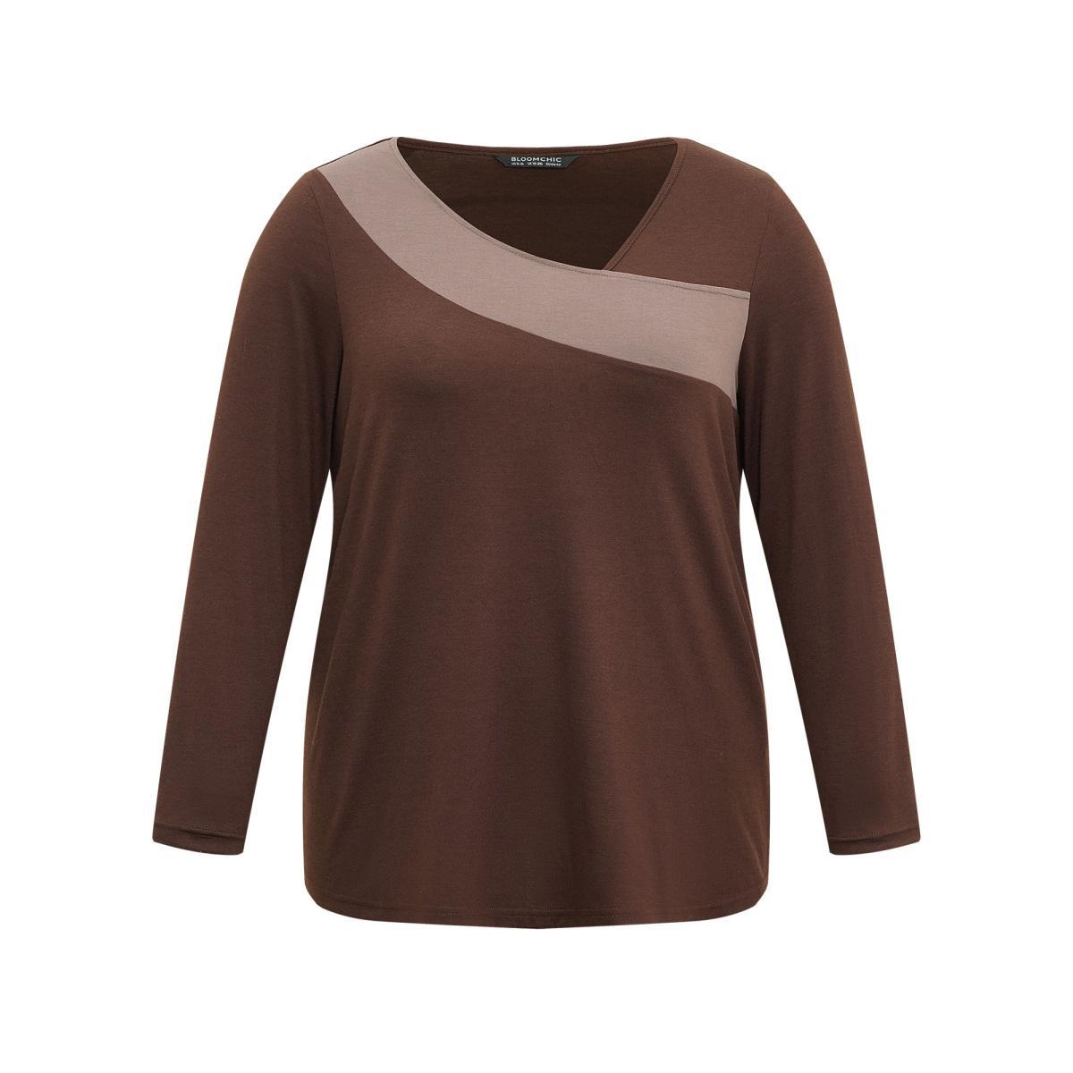 Plus Size Contrast Patchwork Long Sleeve T-shirt DarkBrown Women Casual Contrast Plain V-neck Everyday T-shirts BloomChic 26/4X Product Image