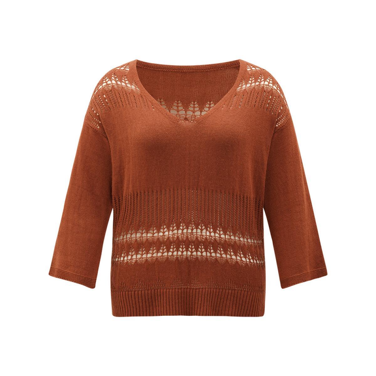 Plus Size Solid Hollow Out Split V Neck Pullover Chocolate Women Casual Loose Long Sleeve V-neck Everyday Pullovers BloomChic 28/5X Product Image