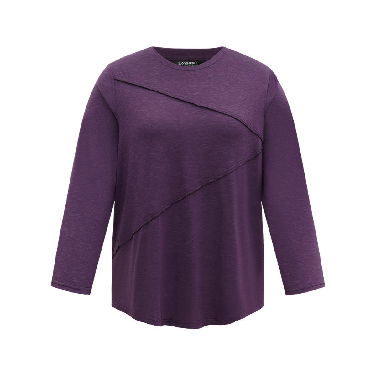 Plus Size Solid Pleated Round Neck T-shirt Purple Women Casual Plain Plain Round Neck Dailywear T-shirts BloomChic 18-20/2X Product Image