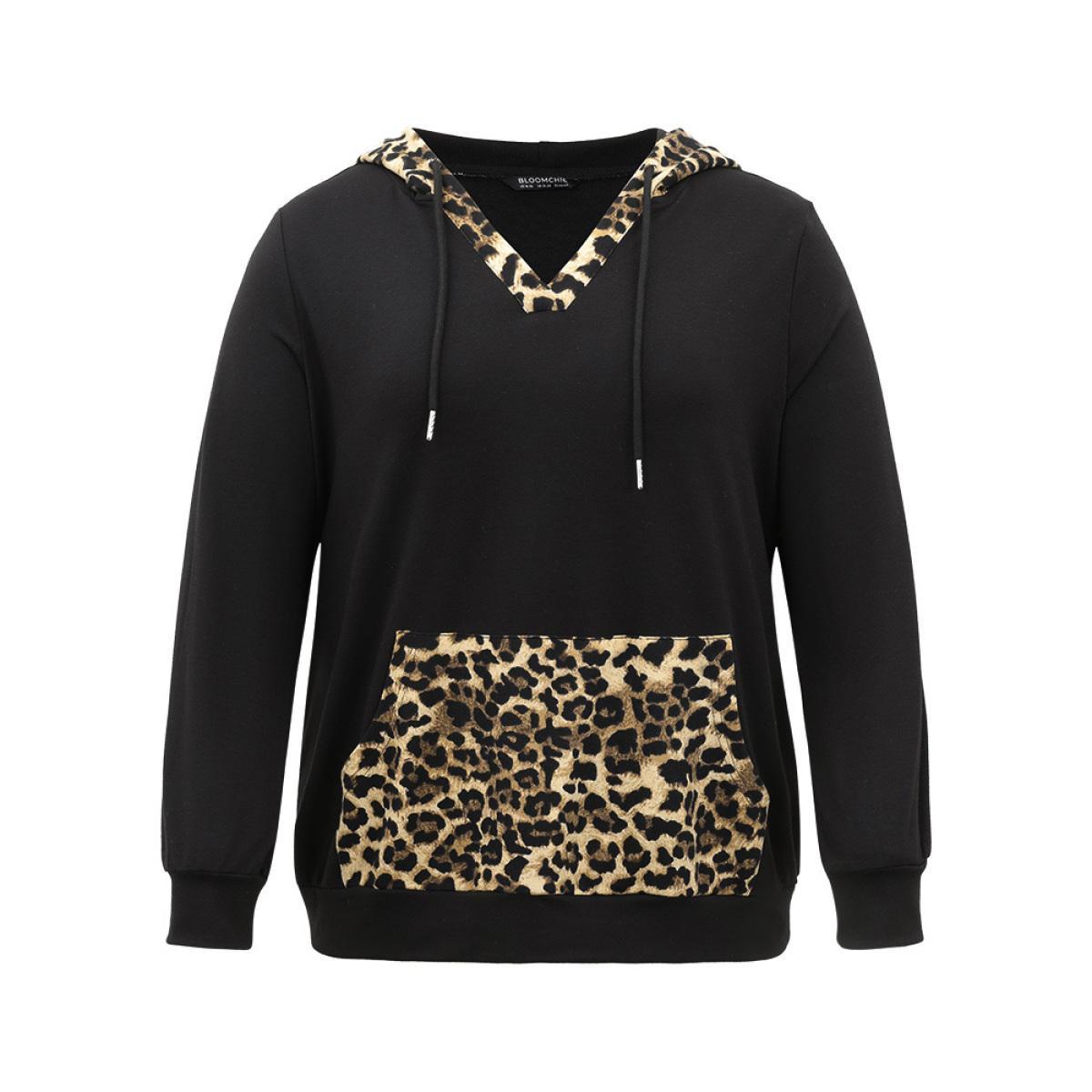 Plus Size Leopard Patchwork Kangaroo Pocket Hooded Sweatshirt Women Black Casual Contrast Hooded Dailywear Sweatshirts BloomChic 22-24/3X Product Image
