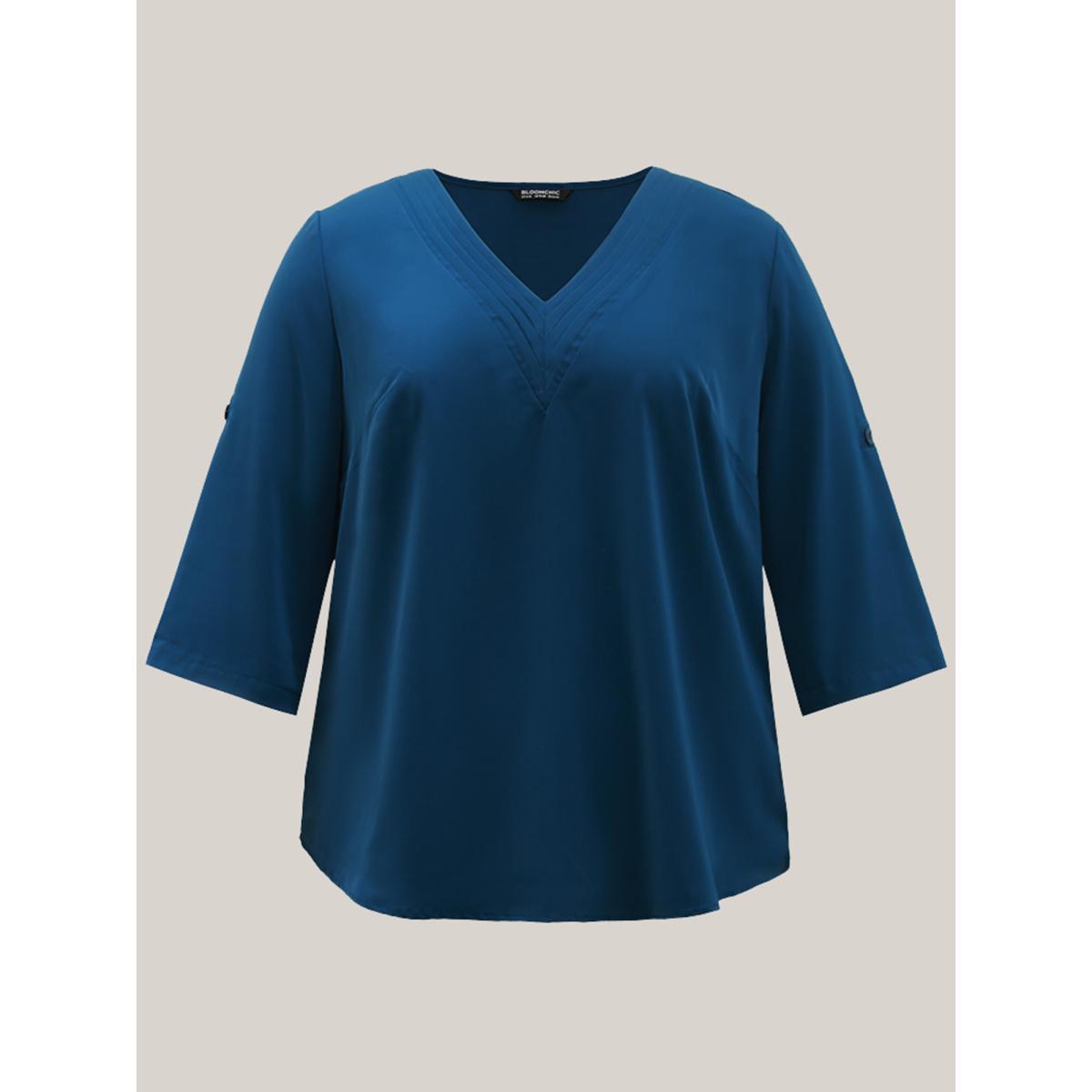 Plus Size Indigo V Neck Plain Pleated Tab Sleeve Blouse Women At the Office Elbow-length sleeve V-neck Work Blouses BloomChic 14-16/1X Product Image
