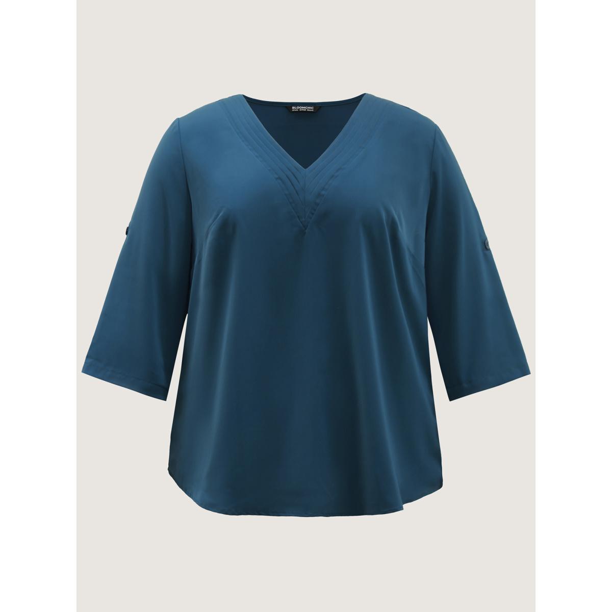 Plus Size Indigo V Neck Plain Pleated Tab Sleeve Blouse Women At the Office Elbow-length sleeve V-neck Work Blouses BloomChic 14-16/1X Product Image