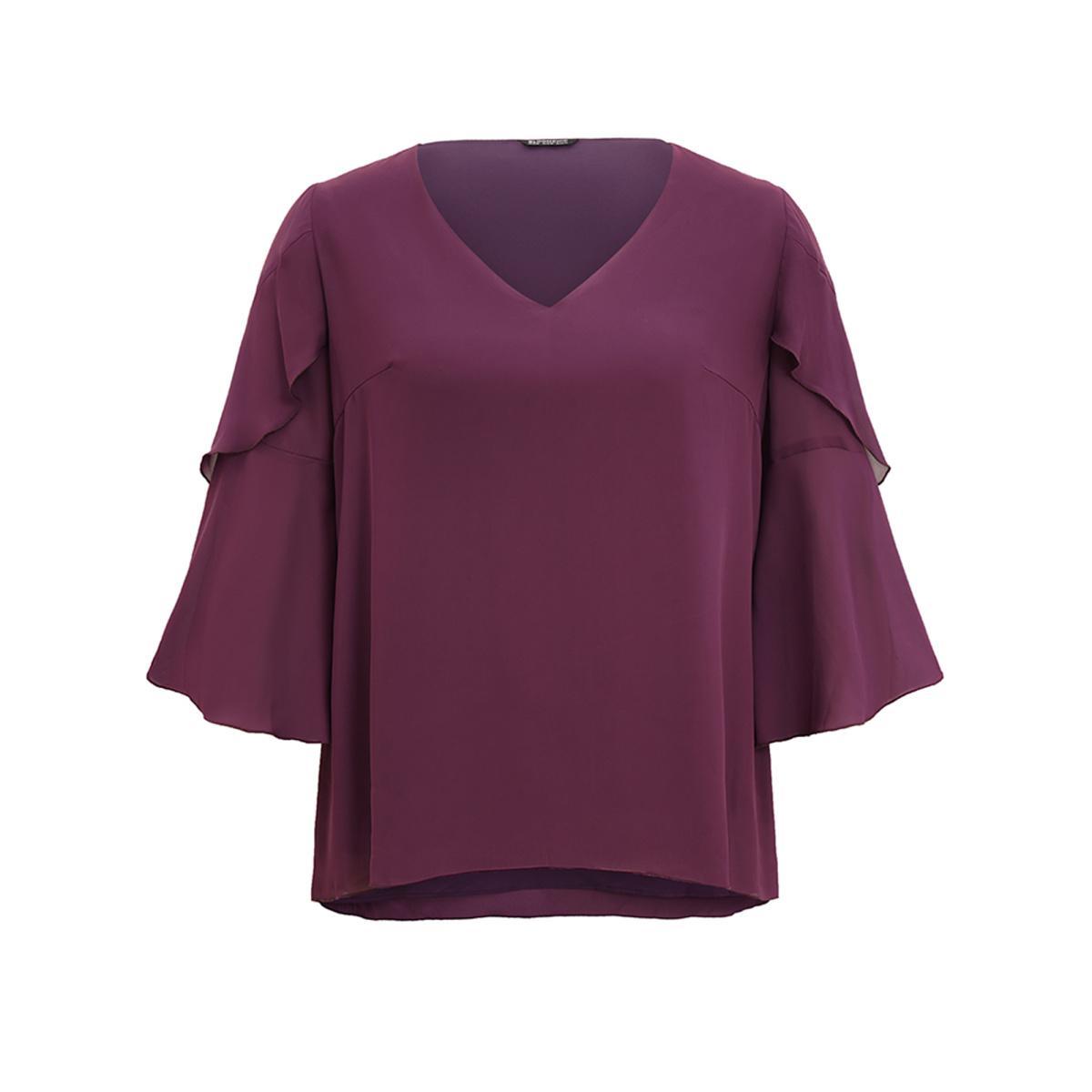 Plus Size Purple Anti-Wrinkle Tiered Flounce Sleeve Chiffon Blouse Women Elegant Elbow-length sleeve V-neck Everyday Blouses BloomChic 28/5X Product Image