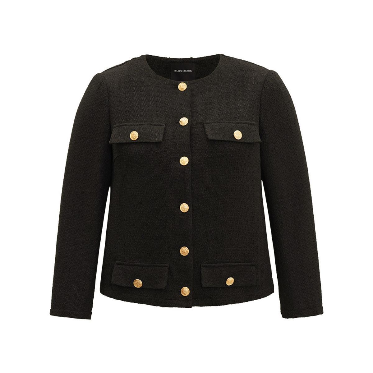 Plus Size Plain Tweed Texture Buckle Detail Blazer Women Black Texture Work Jackets BloomChic 14-16/1X Product Image