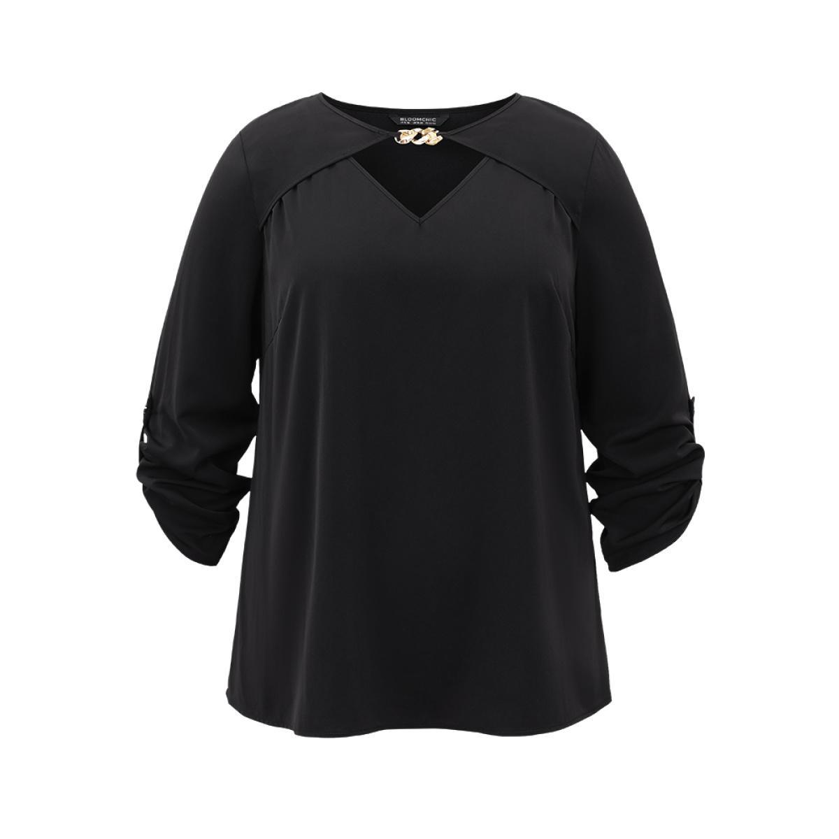 Plus Size Black Static-Free Plain Keyhole Chain Detail Blouse Women Office Long Sleeve Keyhole Cut-Out Work Blouses BloomChic 30/6X Product Image
