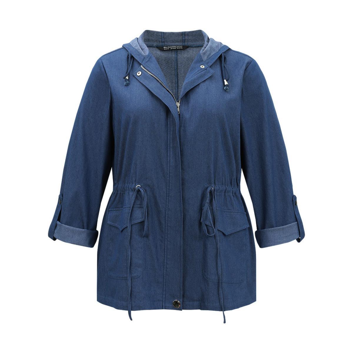 Plus Size Solid Drawstring Knot Zipper Windbreaker Women Indigo Plain Pocket Everyday Jackets BloomChic 30/6X Product Image