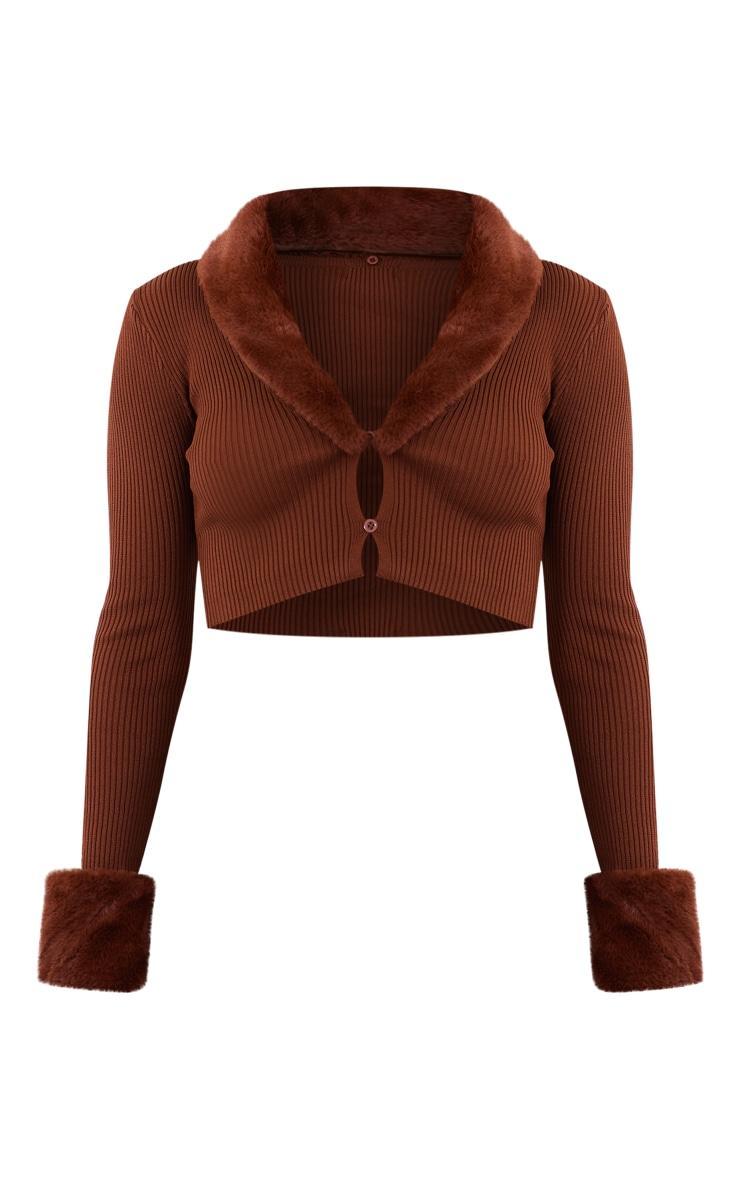 Petite Chocolate Brown Faux Fur Trim Knitted Cropped Cardigan Product Image