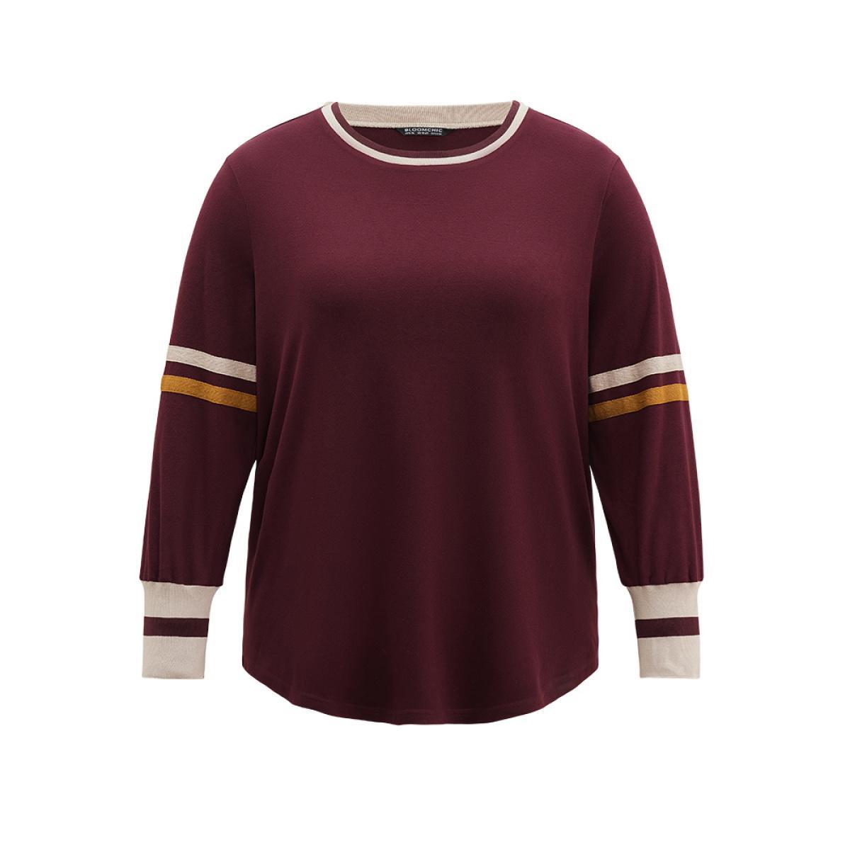 Plus Size Striped Contrast Round Neck Rib Knit Sweatshirt Women Burgundy Casual Contrast Round Neck Everyday Sweatshirts BloomChic 10/M Product Image