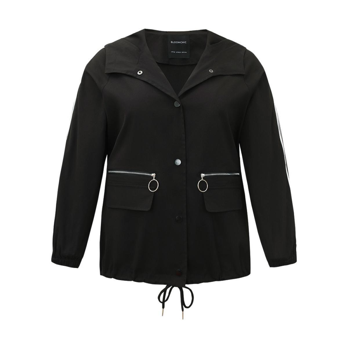 Plus Size Halloween Contrast Trim Zipper Drawstring Button Up Coat Women Black Casual Elastic cuffs Ladies Dailywear Winter Coats BloomChic 22-24/3X Product Image