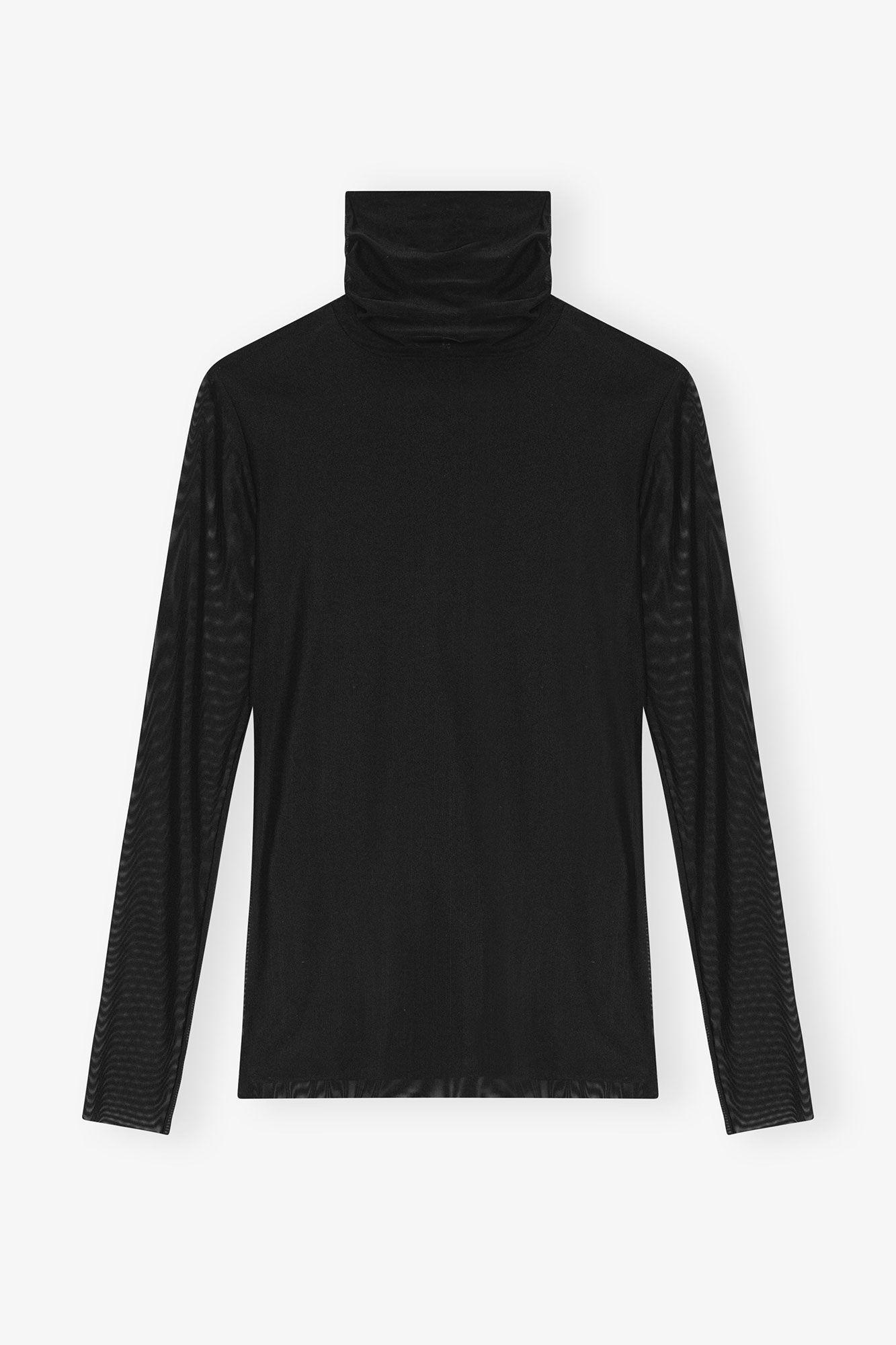 Black Mesh Long Sleeve Roll Neck Blouse Product Image