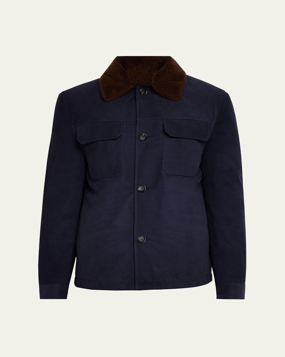 Mens Suede Overshirt with Removable Shearling Collar Product Image