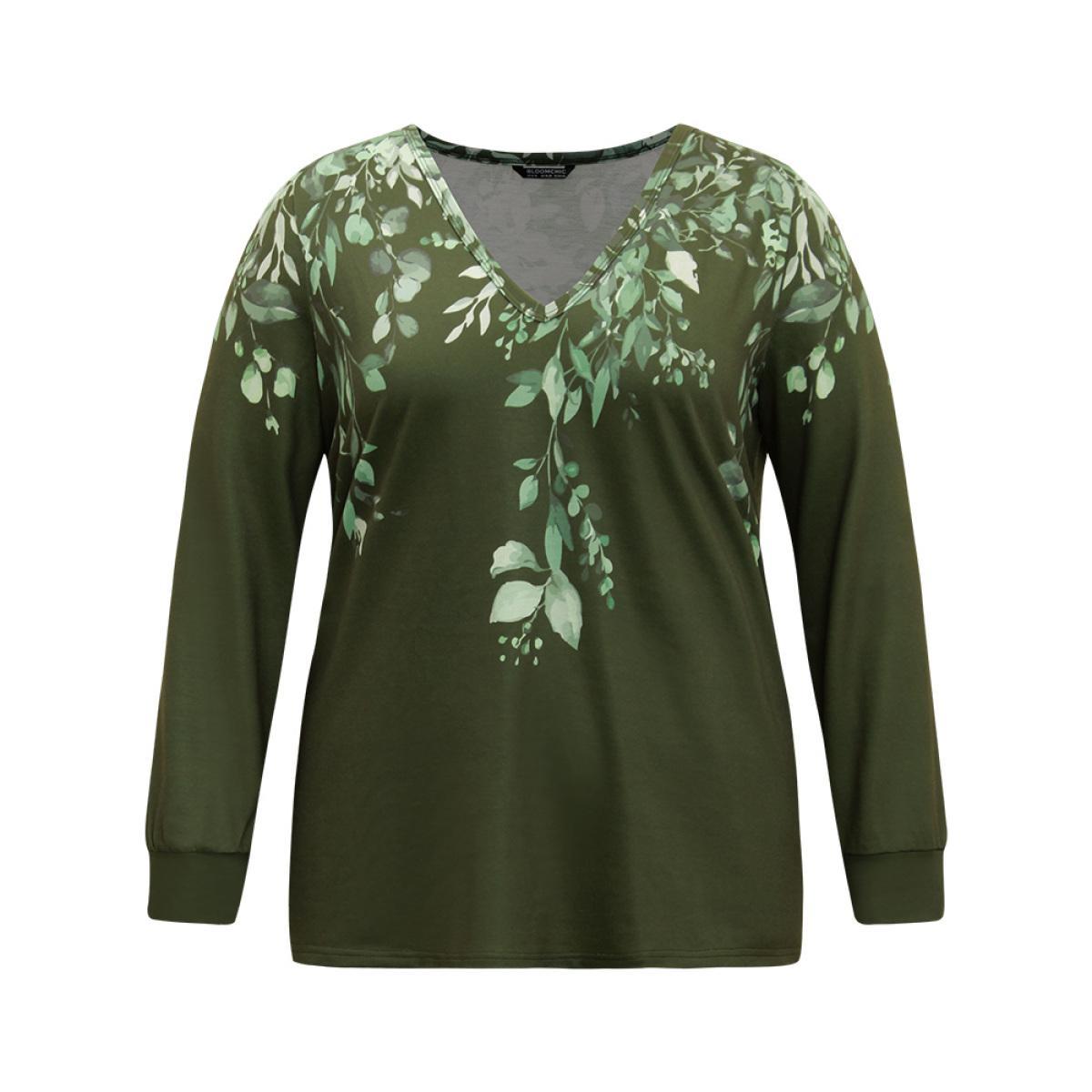 Plus Size Plants Print V Neck Elastic Cuffs Sweatshirt Women Mint Elegant Printed V-neck Dailywear Sweatshirts BloomChic 10/M Product Image