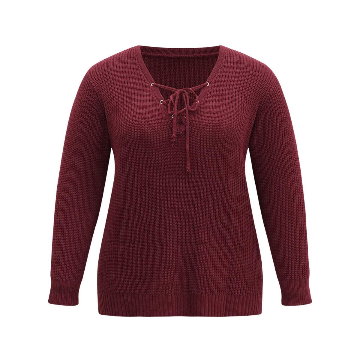 Plus Size High Low Hem Lace Up Split Side Pullover Scarlet Women Casual Loose Long Sleeve V-neck Dailywear Pullovers BloomChic 12/L Product Image