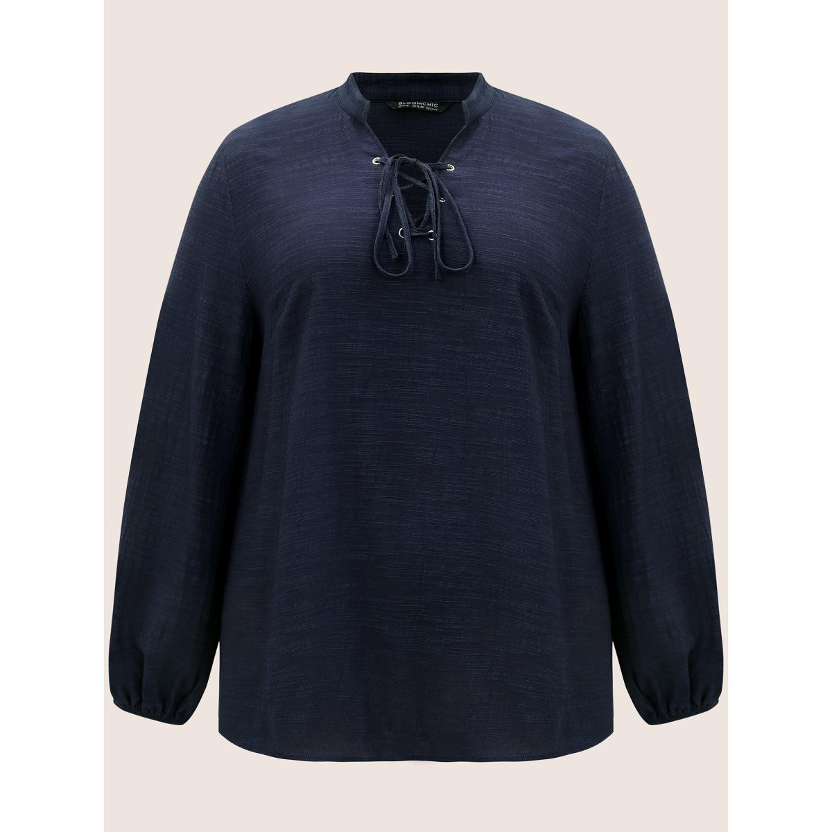 Plus Size Indigo Plain Lace Up Lantern Sleeve Blouse Women Casual Long Sleeve Shirt collar Everyday Blouses BloomChic 22-24/3X Product Image