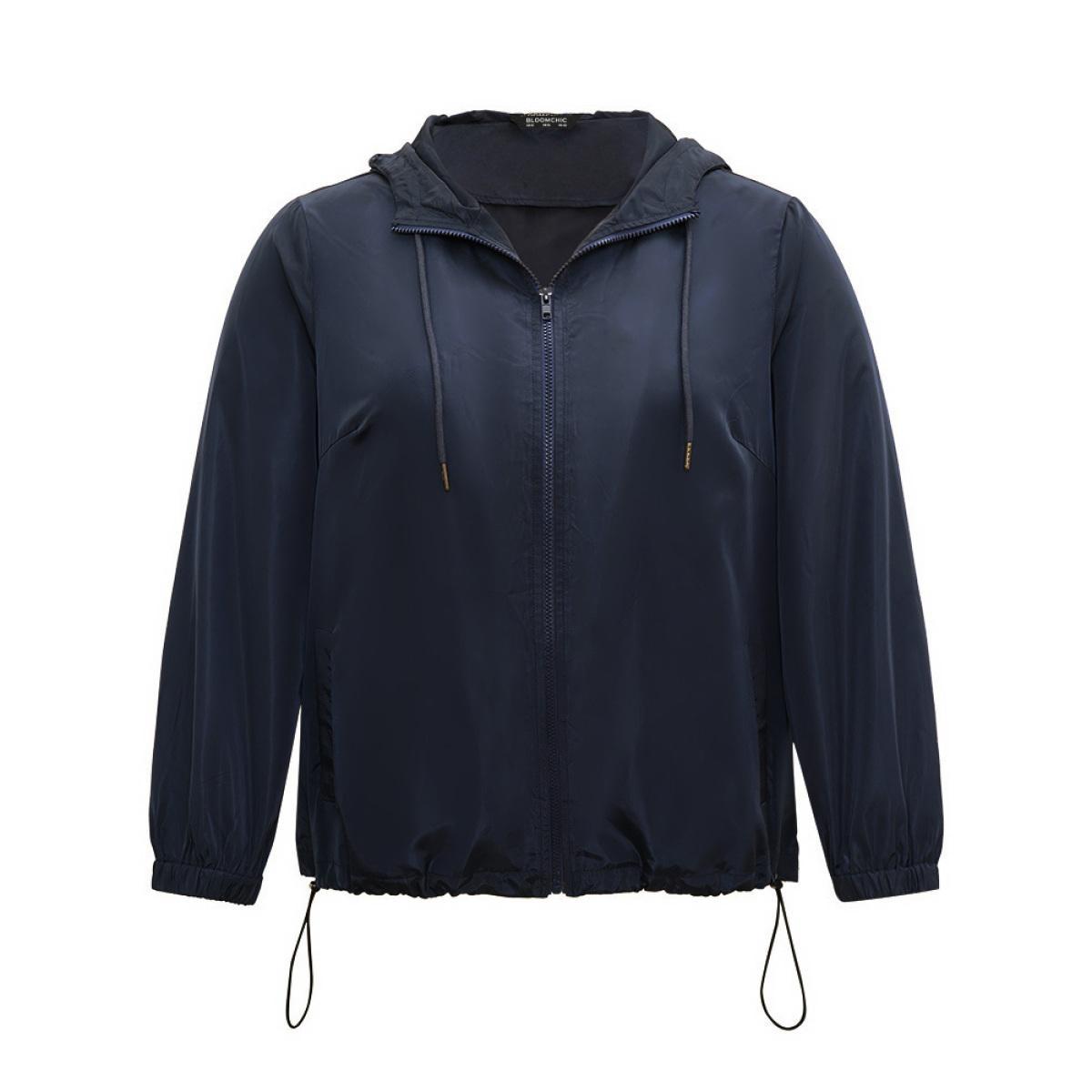 Plus Size Solid Drawstring Zipper Hooded Jacket Women Indigo Elastic cuffs Pocket Dailywear Jackets BloomChic 30/6X Product Image