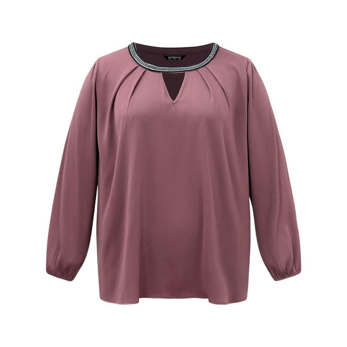 Plus Size DustyPink Static-Free Keyhole Pleated Contrast Webbing Blouse Women Office Long Sleeve Keyhole Cut-Out Work Blouses BloomChic 14-16/1X Product Image