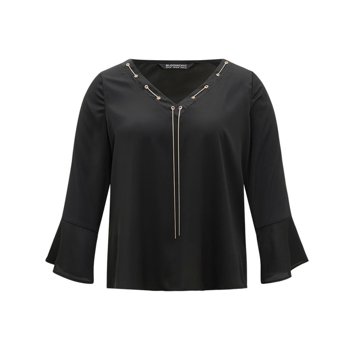 Plus Size Black Contrast Chain Bell Sleeve Eyelet Blouse Women Office Long Sleeve V-neck Work Blouses BloomChic 10/M Product Image