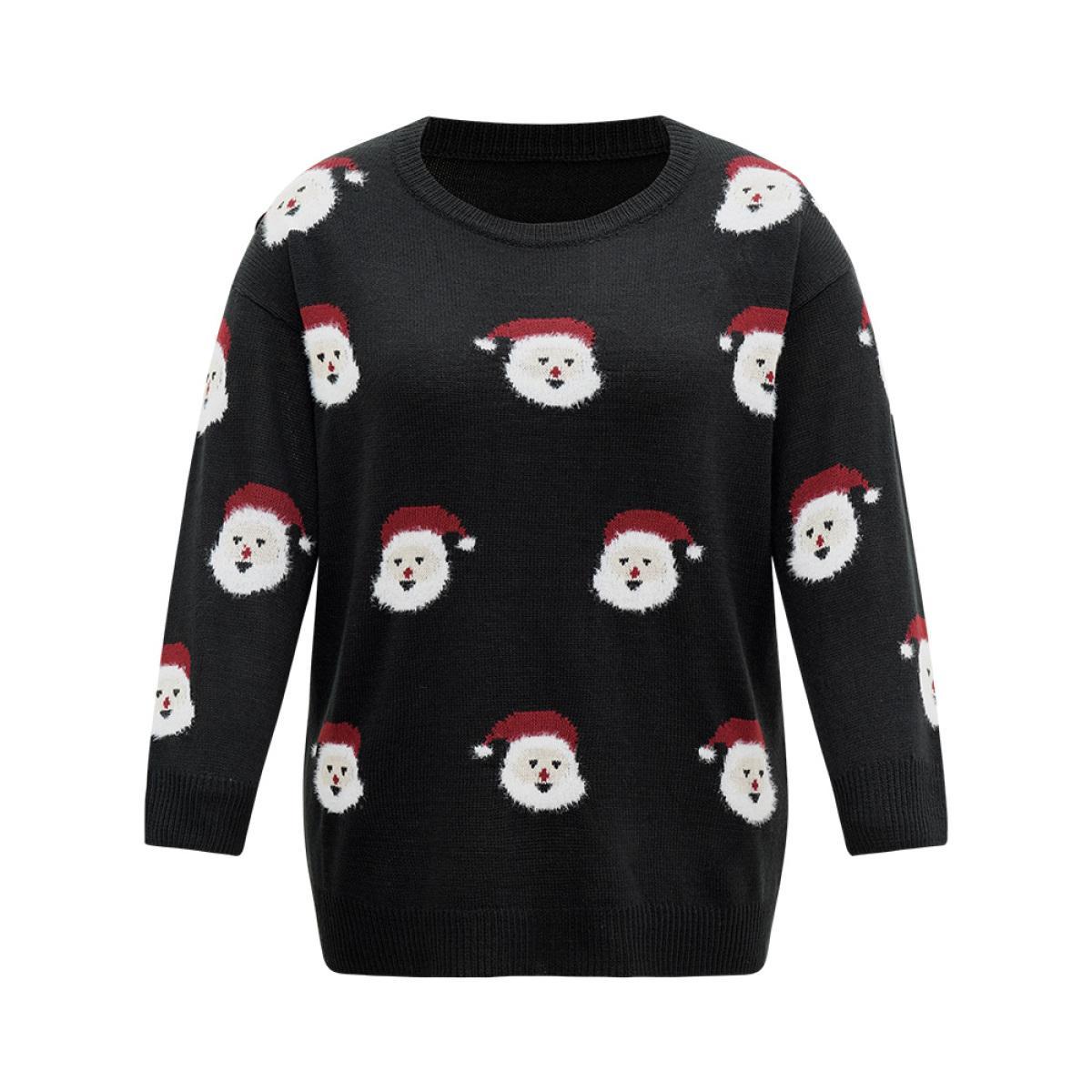Plus Size Jolly Fellow Motifs Round Neck Pullover Black Women Casual Long Sleeve Round Neck Festival-Christmas Pullovers BloomChic 18-20/2X Product Image
