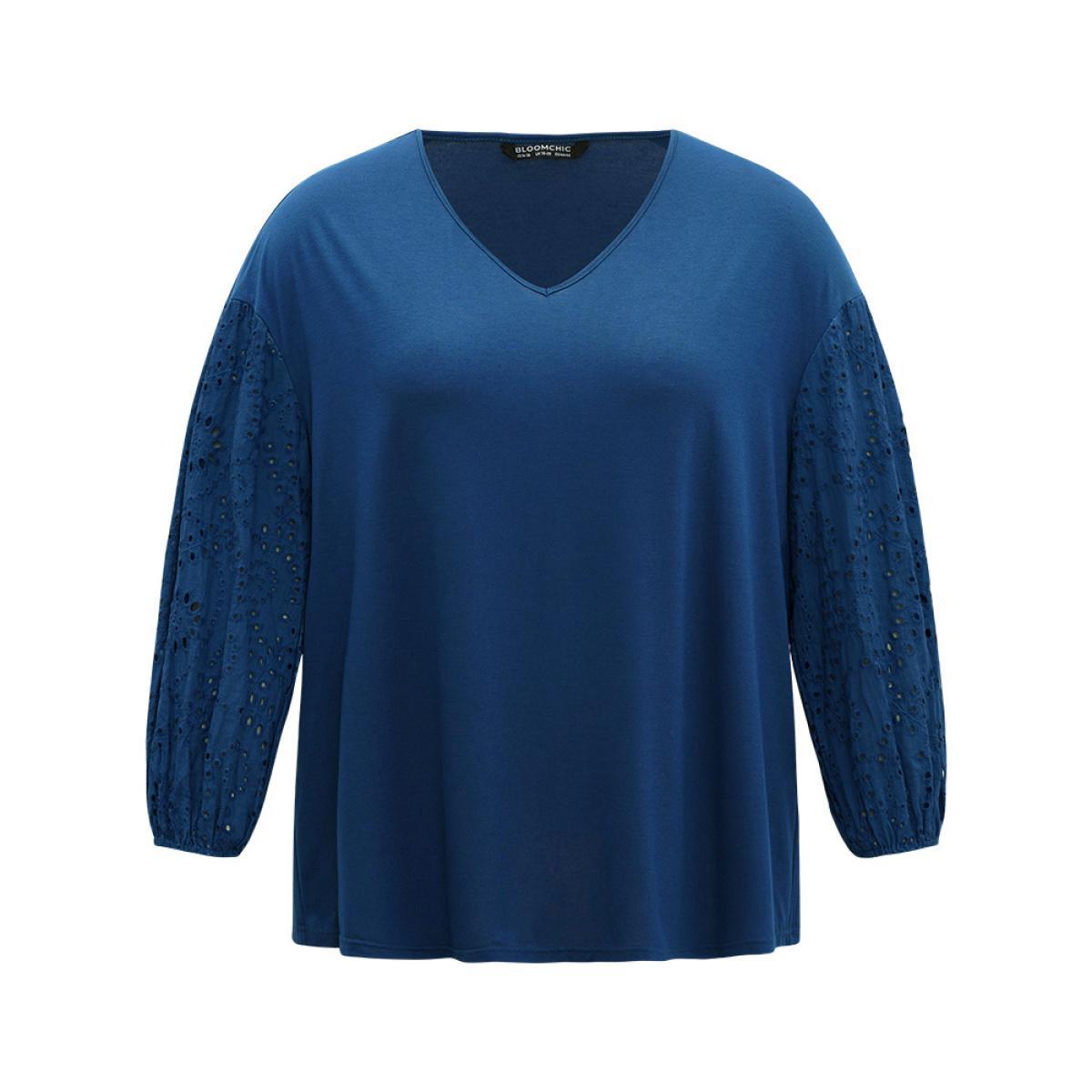 Plus Size V Neck Broderie Anglaise Patchwork Lantern Sleeve T-shirt Aegean Women Elegant Elastic cuffs Plain V-neck Dailywear T-shirts BloomChic 28/5X Product Image