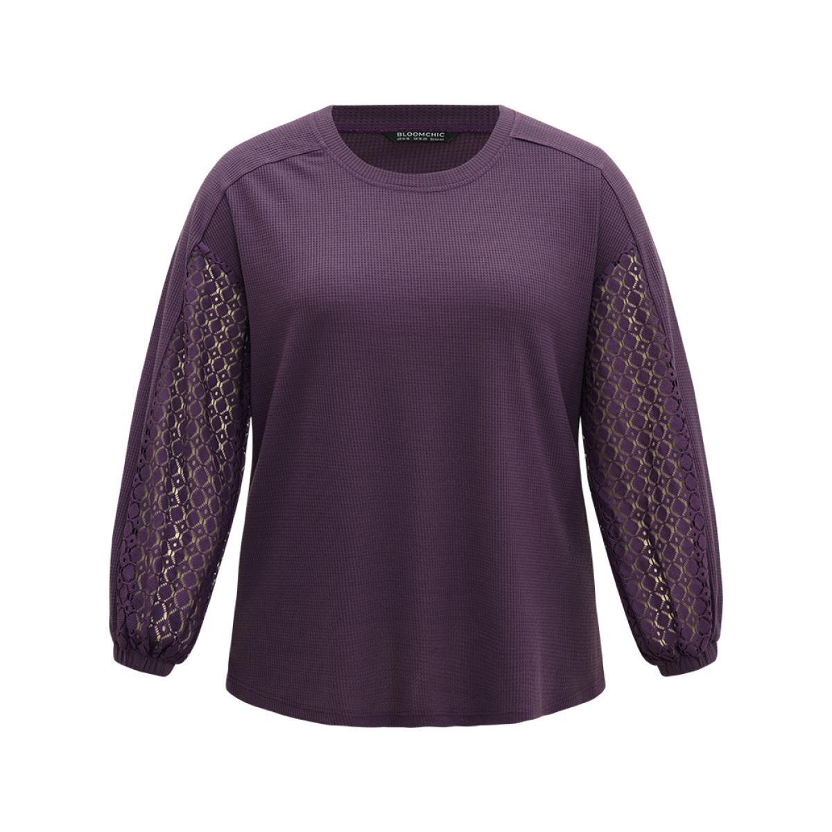 Plus Size Waffle Knit Lace Panel Drop Shoulder Sweatshirt Women Eggplant Elegant Elastic cuffs Round Neck Dailywear Sweatshirts BloomChic 18-20/2X Product Image
