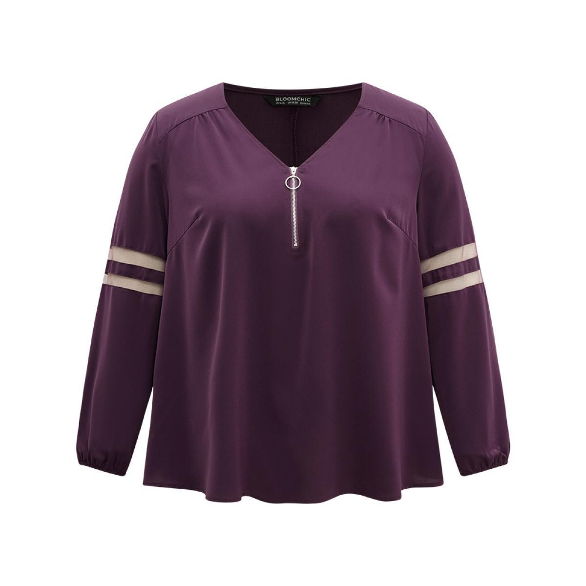 Plus Size Eggplant Static-Free Zipper Fly Mesh Patchwork Blouse Women Office Long Sleeve V-neck Work Blouses BloomChic 28/5X Product Image