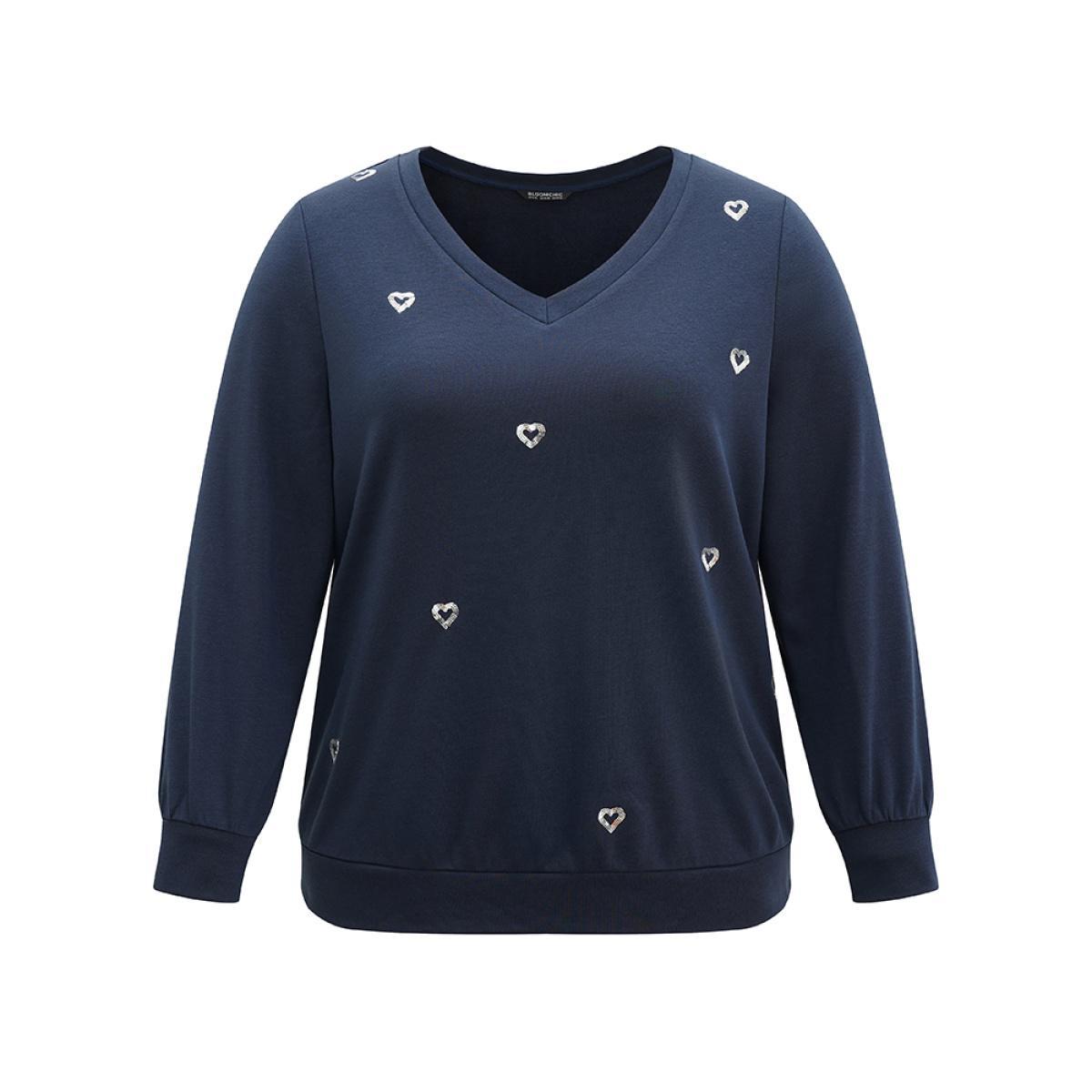 Plus Size Solid Heart Sequin V Neck Sweatshirt Women Indigo Elegant Sequin V-neck Dailywear Sweatshirts BloomChic 10/M Product Image