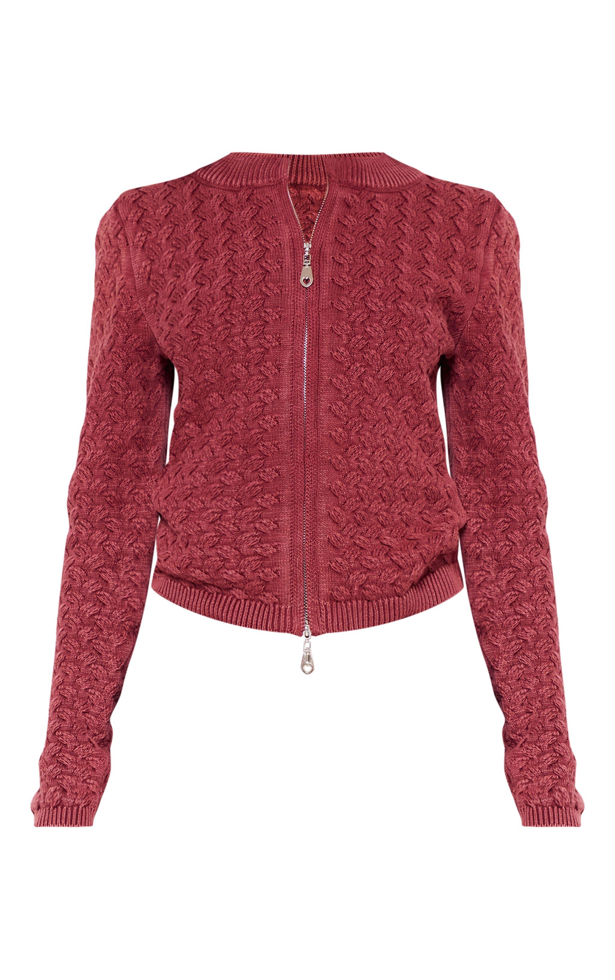 Petite Dark Red Cable Knit Jacket Product Image