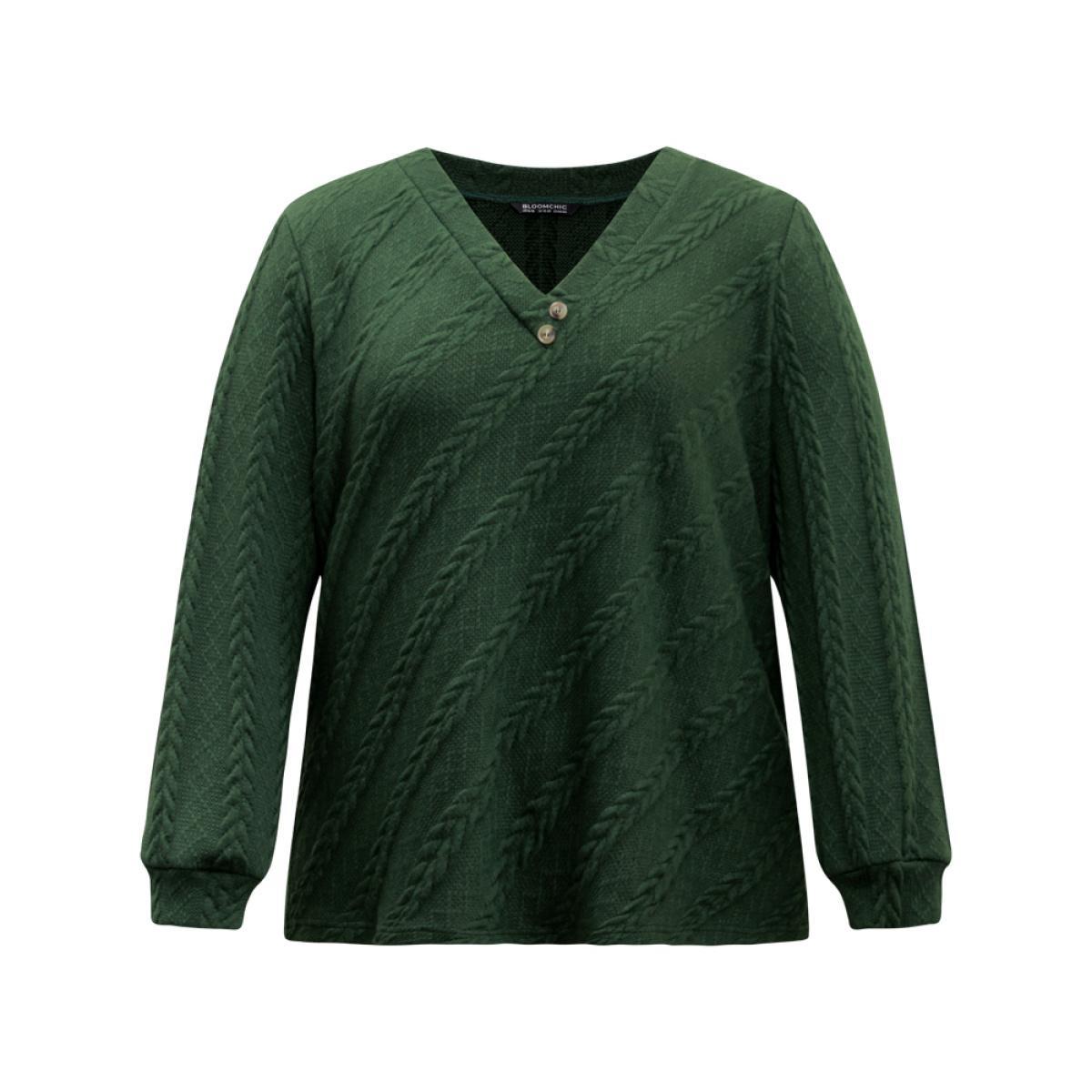 Plus Size Plisse Solid Button Detail Sweatshirt Women DarkGreen Elegant Texture V-neck Everyday Sweatshirts BloomChic 18-20/2X Product Image