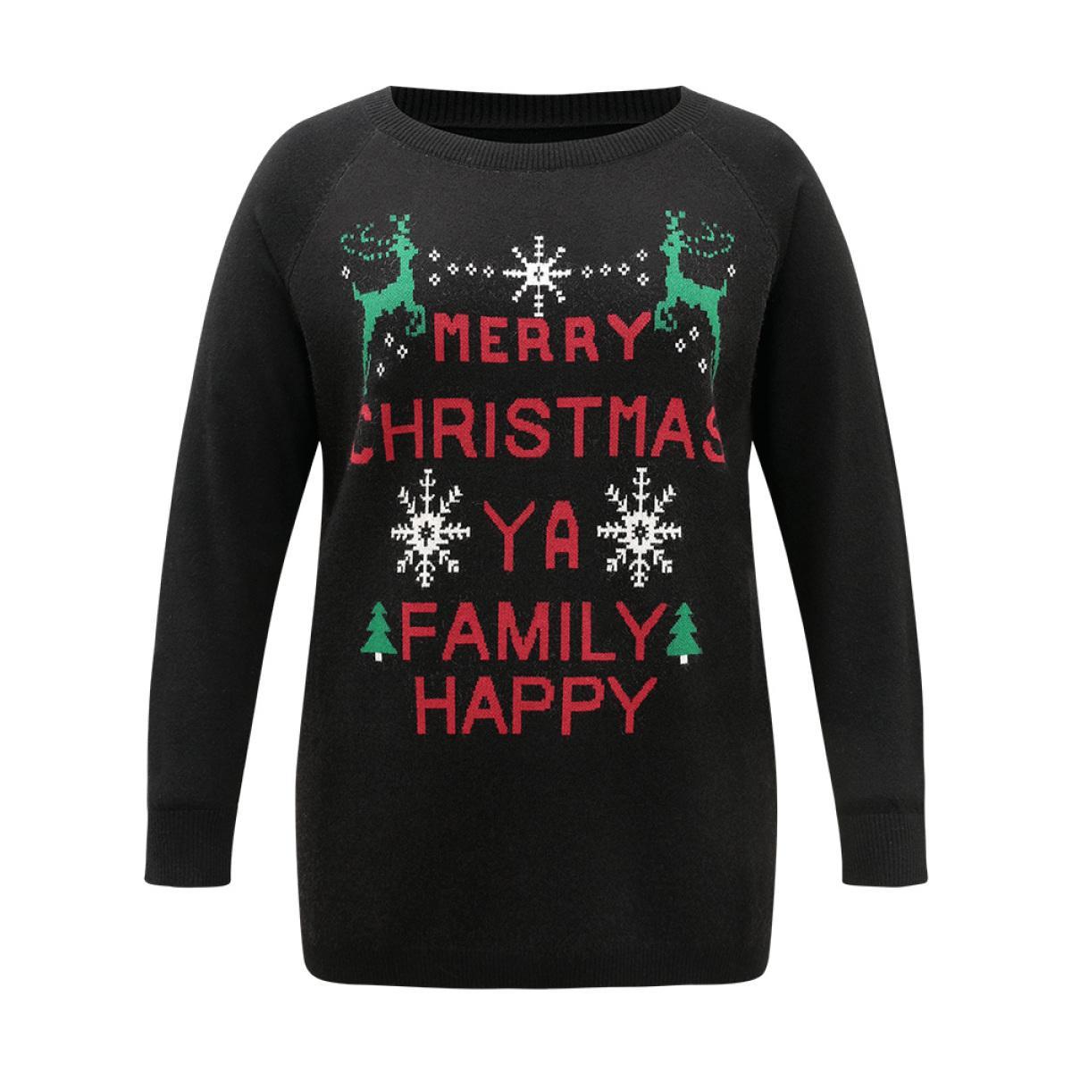Plus Size Supersoft Essentials Christmas Elk Letter Crew Neck Pullover Black Women Casual Long Sleeve Round Neck Festival-Christmas Pullovers BloomChic 22-24/3X Product Image