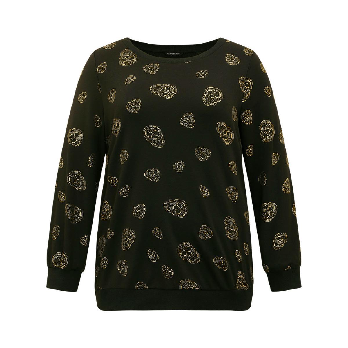 Plus Size Halloween Glitter Skull Print Crew Neck Sweatshirt Women Black Casual Elastic cuffs Round Neck Festival-Halloween Sweatshirts BloomChic 10/M Product Image
