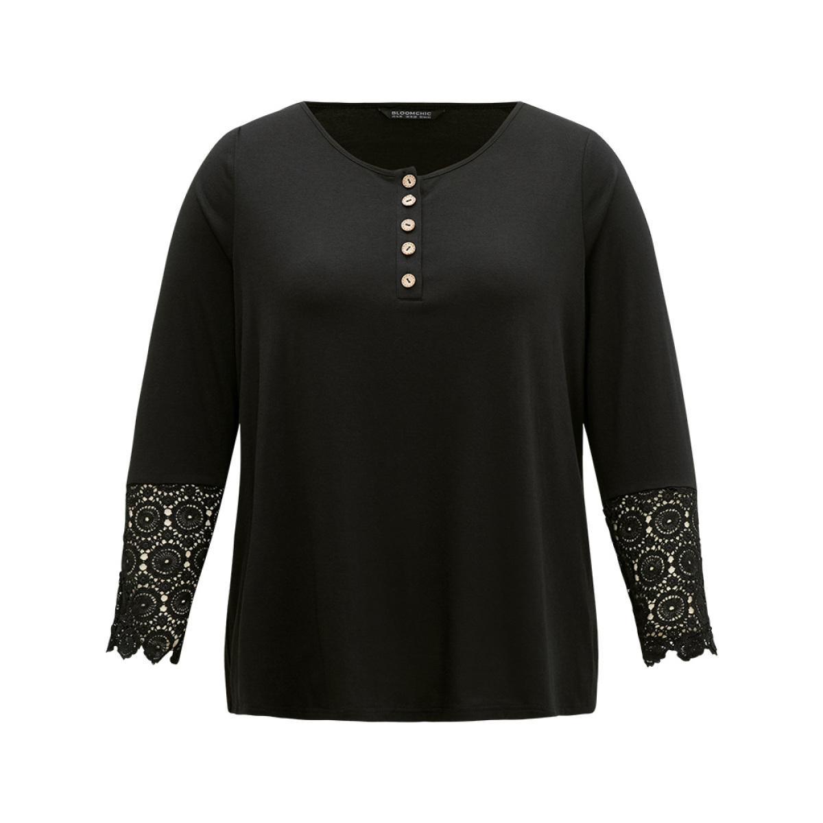 Plus Size Halloween Solid Round Neck Button Up Lace Panel T-shirt Black Women Elegant Plain Plain Open Front Everyday T-shirts BloomChic 10/M Product Image