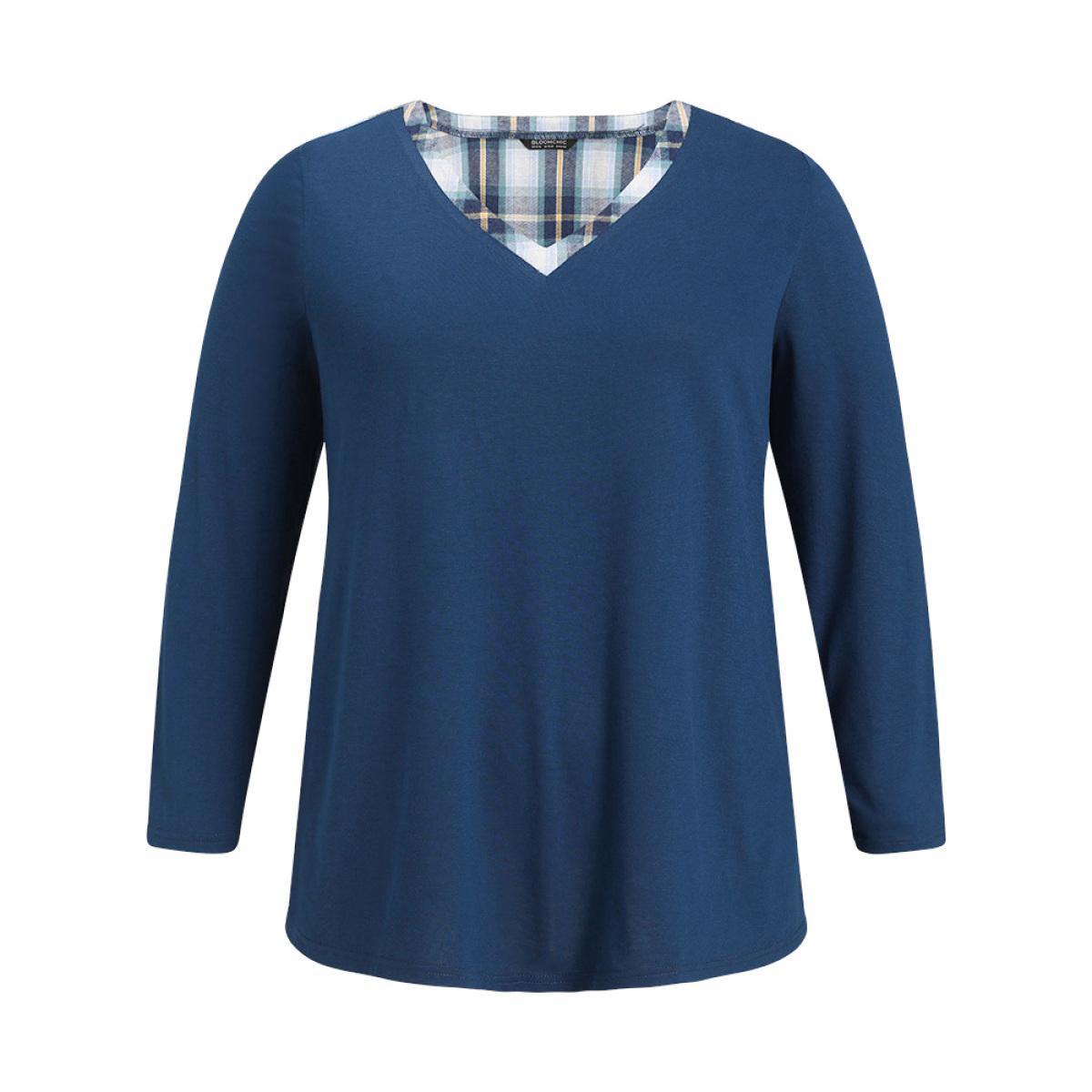 Plus Size Plaid Patchwork V Neck Split Side T-shirt Indigo Women Casual Patchwork Gingham V-neck Dailywear T-shirts BloomChic 12/L Product Image